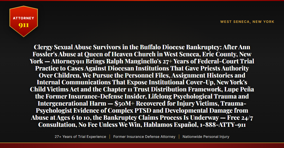 Clergy Sexual Abuse Survivors in the Buffalo Diocese Bankruptcy: After Ann Fossler's Abuse at Queen of Heaven Church in West Seneca, Erie County, New York — Attorney911 Brings Ralph Manginello's 27+ Years of Federal-Court Trial Practice to Cases Against Diocesan Institutions That Gave Priests Authority Over Children, We Pursue the Personnel Files, Assignment Histories and Internal Communications That Expose Institutional Cover-Up, New York's Child Victims Act and the Chapter 11 Trust Distribution Framework, Lupe Peña the Former Insurance-Defense Insider, Lifelong Psychological Trauma and Intergenerational Harm — $50M+ Recovered for Injury Victims, Trauma-Psychologist Evidence of Complex PTSD and Developmental Damage from Abuse at Ages 6 to 10, the Bankruptcy Claims Process Is Underway — Free 24/7 Consultation, No Fee Unless We Win, Hablamos Español, 1-888-ATTY-911 - Attorney911