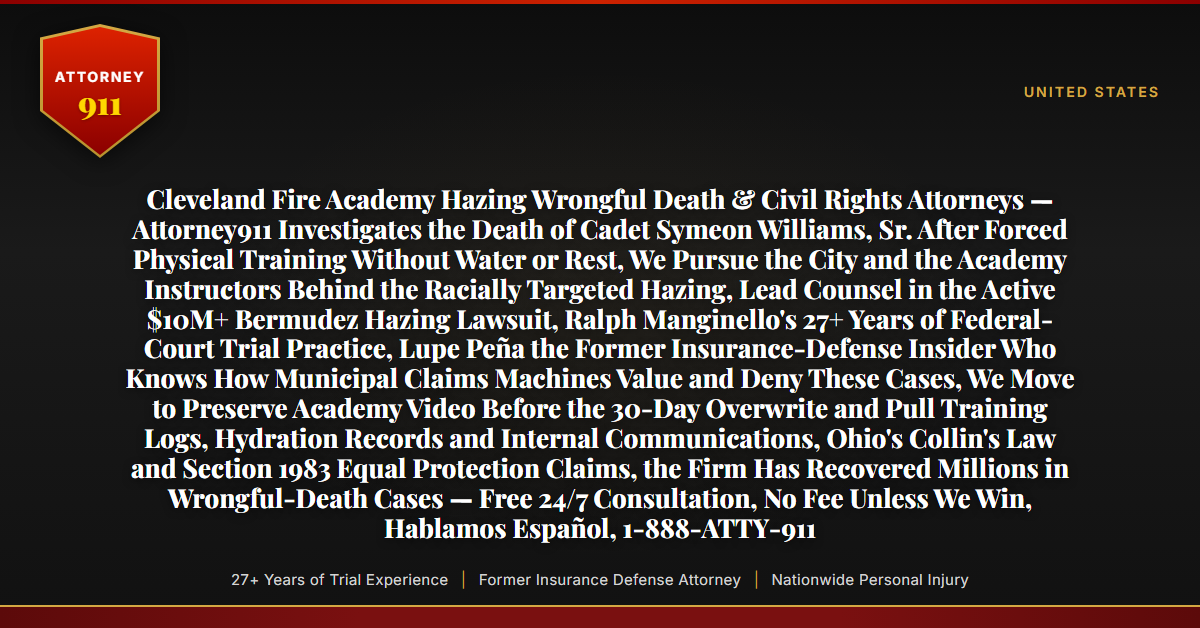 Cleveland Fire Academy Hazing Wrongful Death & Civil Rights Attorneys — Attorney911 Investigates the Death of Cadet Symeon Williams, Sr. After Forced Physical Training Without Water or Rest, We Pursue the City and the Academy Instructors Behind the Racially Targeted Hazing, Lead Counsel in the Active $10M+ Bermudez Hazing Lawsuit, Ralph Manginello's 27+ Years of Federal-Court Trial Practice, Lupe Peña the Former Insurance-Defense Insider Who Knows How Municipal Claims Machines Value and Deny These Cases, We Move to Preserve Academy Video Before the 30-Day Overwrite and Pull Training Logs, Hydration Records and Internal Communications, Ohio's Collin's Law and Section 1983 Equal Protection Claims, the Firm Has Recovered Millions in Wrongful-Death Cases — Free 24/7 Consultation, No Fee Unless We Win, Hablamos Español, 1-888-ATTY-911 - Attorney911