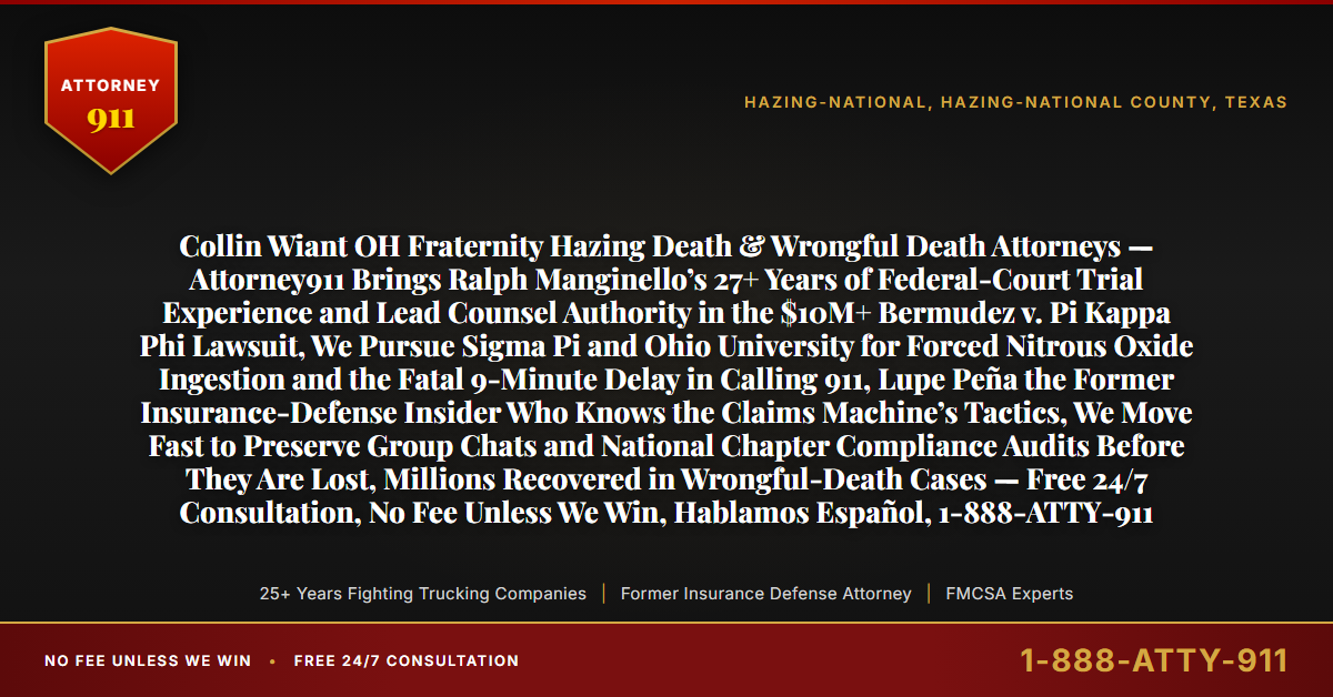Collin Wiant OH Fraternity Hazing Death & Wrongful Death Attorneys — Attorney911 Brings Ralph Manginello’s 27+ Years of Federal-Court Trial Experience and Lead Counsel Authority in the $10M+ Bermudez v. Pi Kappa Phi Lawsuit, We Pursue Sigma Pi and Ohio University for Forced Nitrous Oxide Ingestion and the Fatal 9-Minute Delay in Calling 911, Lupe Peña the Former Insurance-Defense Insider Who Knows the Claims Machine’s Tactics, We Move Fast to Preserve Group Chats and National Chapter Compliance Audits Before They Are Lost, Millions Recovered in Wrongful-Death Cases — Free 24/7 Consultation, No Fee Unless We Win, Hablamos Español, 1-888-ATTY-911 - Attorney911