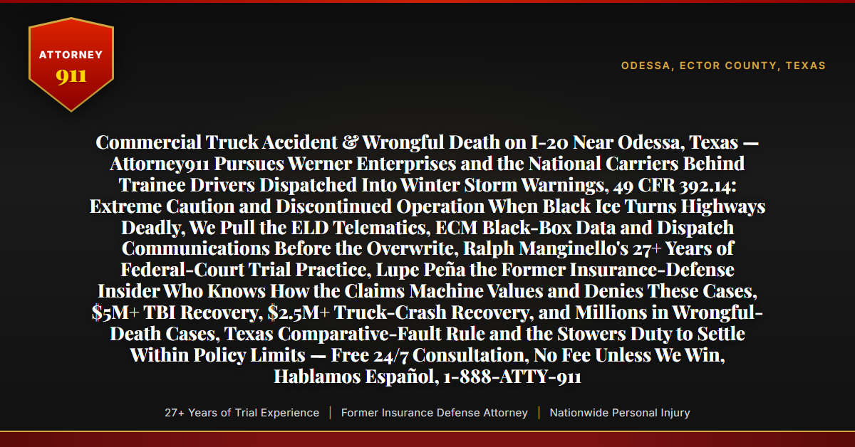 Commercial Truck Accident & Wrongful Death on I-20 Near Odessa, Texas — Attorney911 Pursues Werner Enterprises and the National Carriers Behind Trainee Drivers Dispatched Into Winter Storm Warnings, 49 CFR 392.14: Extreme Caution and Discontinued Operation When Black Ice Turns Highways Deadly, We Pull the ELD Telematics, ECM Black-Box Data and Dispatch Communications Before the Overwrite, Ralph Manginello's 27+ Years of Federal-Court Trial Practice, Lupe Peña the Former Insurance-Defense Insider Who Knows How the Claims Machine Values and Denies These Cases, $5M+ TBI Recovery, $2.5M+ Truck-Crash Recovery, and Millions in Wrongful-Death Cases, Texas Comparative-Fault Rule and the Stowers Duty to Settle Within Policy Limits — Free 24/7 Consultation, No Fee Unless We Win, Hablamos Español, 1-888-ATTY-911 - Attorney911