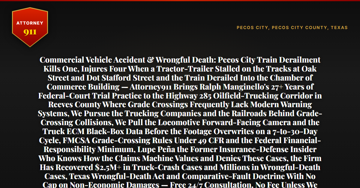 Commercial Vehicle Accident & Wrongful Death: Pecos City Train Derailment Kills One, Injures Four When a Tractor-Trailer Stalled on the Tracks at Oak Street and Dot Stafford Street and the Train Derailed Into the Chamber of Commerce Building — Attorney911 Brings Ralph Manginello's 27+ Years of Federal-Court Trial Practice to the Highway 285 Oilfield-Trucking Corridor in Reeves County Where Grade Crossings Frequently Lack Modern Warning Systems, We Pursue the Trucking Companies and the Railroads Behind Grade-Crossing Collisions, We Pull the Locomotive Forward-Facing Camera and the Truck ECM Black-Box Data Before the Footage Overwrites on a 7-to-30-Day Cycle, FMCSA Grade-Crossing Rules Under 49 CFR and the Federal Financial-Responsibility Minimum, Lupe Peña the Former Insurance-Defense Insider Who Knows How the Claims Machine Values and Denies These Cases, the Firm Has Recovered $2.5M+ in Truck-Crash Cases and Millions in Wrongful-Death Cases, Texas Wrongful-Death Act and Comparative-Fault Doctrine With No Cap on Non-Economic Damages — Free 24/7 Consultation, No Fee Unless We Win, Hablamos Español, 1-888-ATTY-911 - Attorney911