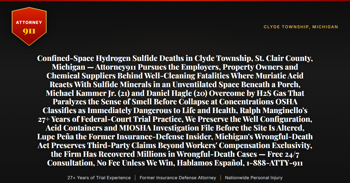 Confined-Space Hydrogen Sulfide Deaths in Clyde Township, St. Clair County, Michigan — Attorney911 Pursues the Employers, Property Owners and Chemical Suppliers Behind Well-Cleaning Fatalities Where Muriatic Acid Reacts With Sulfide Minerals in an Unventilated Space Beneath a Porch, Michael Kammer Jr. (21) and Daniel Hagle (20) Overcome by H2S Gas That Paralyzes the Sense of Smell Before Collapse at Concentrations OSHA Classifies as Immediately Dangerous to Life and Health, Ralph Manginello's 27+ Years of Federal-Court Trial Practice, We Preserve the Well Configuration, Acid Containers and MIOSHA Investigation File Before the Site Is Altered, Lupe Peña the Former Insurance-Defense Insider, Michigan's Wrongful-Death Act Preserves Third-Party Claims Beyond Workers' Compensation Exclusivity, the Firm Has Recovered Millions in Wrongful-Death Cases — Free 24/7 Consultation, No Fee Unless We Win, Hablamos Español, 1-888-ATTY-911 - Attorney911