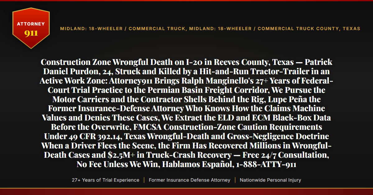 Construction Zone Wrongful Death on I-20 in Reeves County, Texas — Patrick Daniel Purdon, 24, Struck and Killed by a Hit-and-Run Tractor-Trailer in an Active Work Zone: Attorney911 Brings Ralph Manginello's 27+ Years of Federal-Court Trial Practice to the Permian Basin Freight Corridor, We Pursue the Motor Carriers and the Contractor Shells Behind the Rig, Lupe Peña the Former Insurance-Defense Attorney Who Knows How the Claims Machine Values and Denies These Cases, We Extract the ELD and ECM Black-Box Data Before the Overwrite, FMCSA Construction-Zone Caution Requirements Under 49 CFR 392.14, Texas Wrongful-Death and Gross-Negligence Doctrine When a Driver Flees the Scene, the Firm Has Recovered Millions in Wrongful-Death Cases and $2.5M+ in Truck-Crash Recovery — Free 24/7 Consultation, No Fee Unless We Win, Hablamos Español, 1-888-ATTY-911 - Attorney911