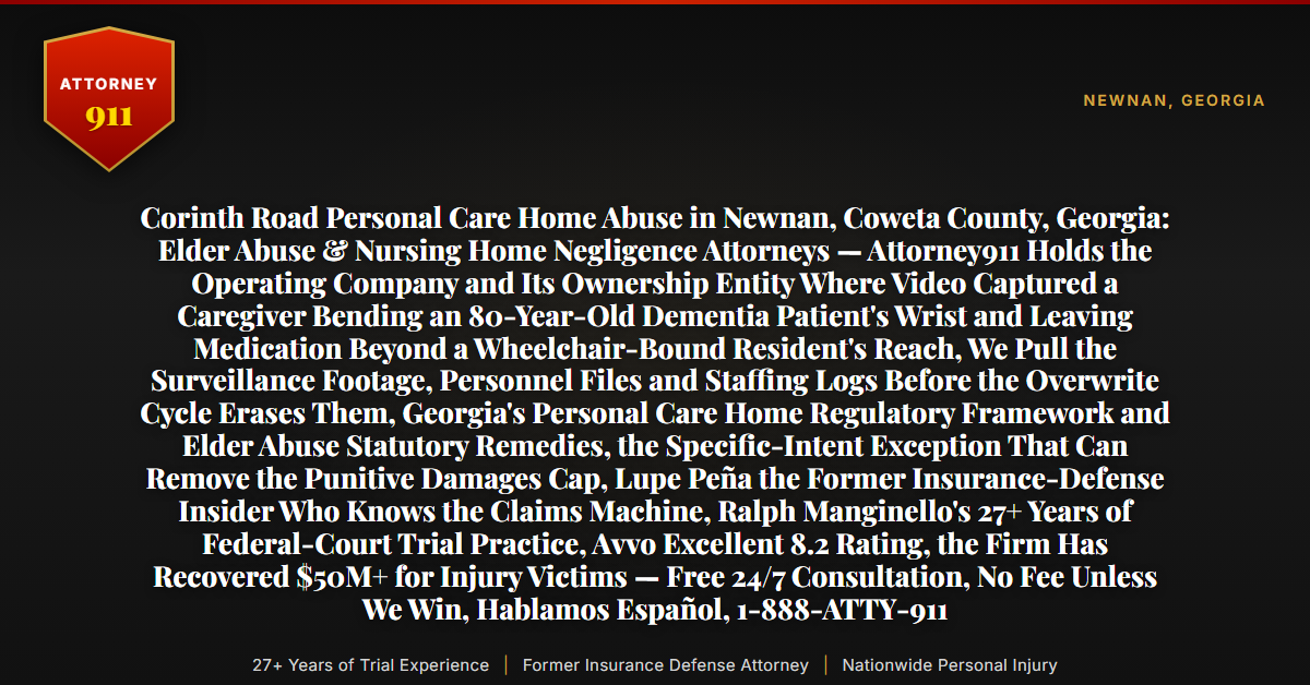 Corinth Road Personal Care Home Abuse in Newnan, Coweta County, Georgia: Elder Abuse & Nursing Home Negligence Attorneys — Attorney911 Holds the Operating Company and Its Ownership Entity Where Video Captured a Caregiver Bending an 80-Year-Old Dementia Patient's Wrist and Leaving Medication Beyond a Wheelchair-Bound Resident's Reach, We Pull the Surveillance Footage, Personnel Files and Staffing Logs Before the Overwrite Cycle Erases Them, Georgia's Personal Care Home Regulatory Framework and Elder Abuse Statutory Remedies, the Specific-Intent Exception That Can Remove the Punitive Damages Cap, Lupe Peña the Former Insurance-Defense Insider Who Knows the Claims Machine, Ralph Manginello's 27+ Years of Federal-Court Trial Practice, Avvo Excellent 8.2 Rating, the Firm Has Recovered $50M+ for Injury Victims — Free 24/7 Consultation, No Fee Unless We Win, Hablamos Español, 1-888-ATTY-911 - Attorney911