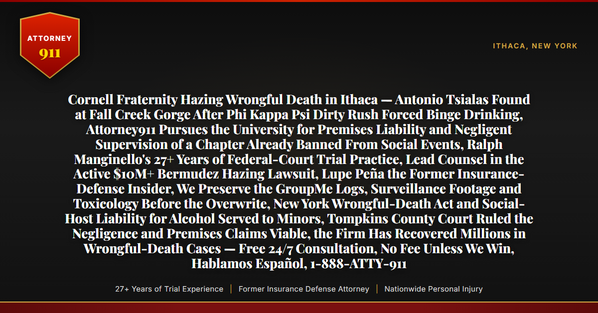 Cornell Fraternity Hazing Wrongful Death in Ithaca — Antonio Tsialas Found at Fall Creek Gorge After Phi Kappa Psi Dirty Rush Forced Binge Drinking, Attorney911 Pursues the University for Premises Liability and Negligent Supervision of a Chapter Already Banned From Social Events, Ralph Manginello's 27+ Years of Federal-Court Trial Practice, Lead Counsel in the Active $10M+ Bermudez Hazing Lawsuit, Lupe Peña the Former Insurance-Defense Insider, We Preserve the GroupMe Logs, Surveillance Footage and Toxicology Before the Overwrite, New York Wrongful-Death Act and Social-Host Liability for Alcohol Served to Minors, Tompkins County Court Ruled the Negligence and Premises Claims Viable, the Firm Has Recovered Millions in Wrongful-Death Cases — Free 24/7 Consultation, No Fee Unless We Win, Hablamos Español, 1-888-ATTY-911 - Attorney911