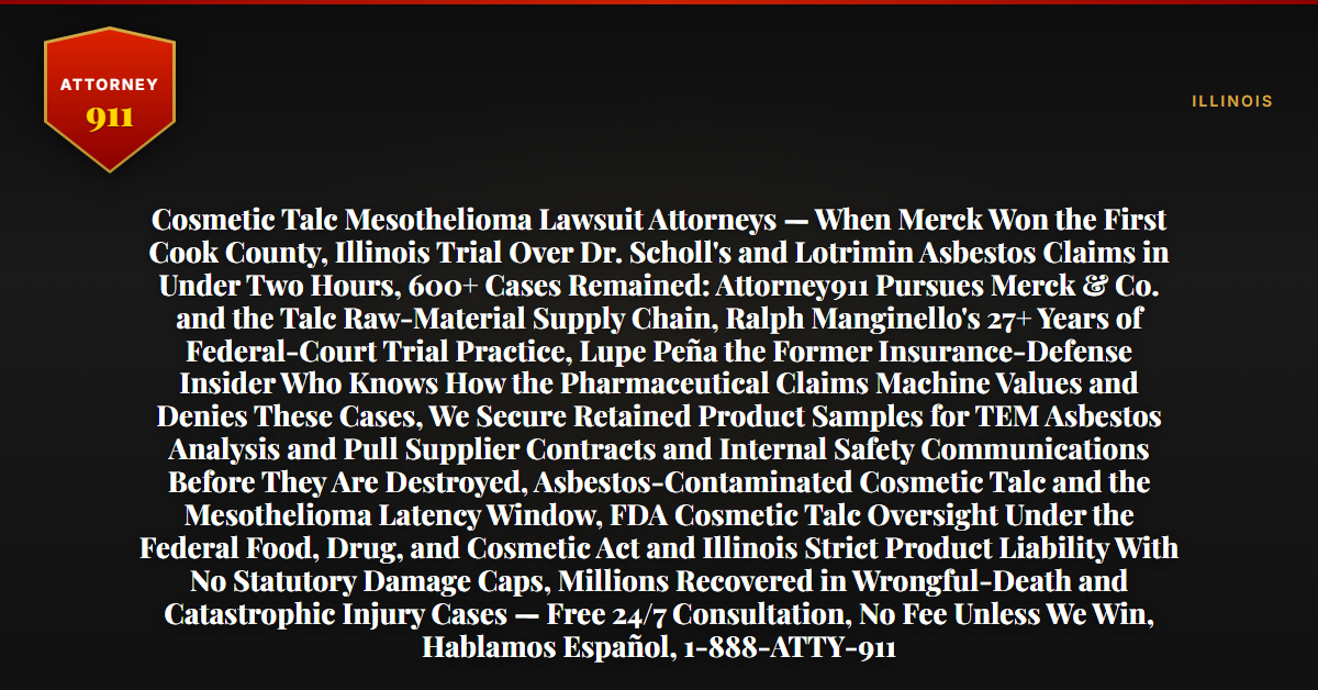 Cosmetic Talc Mesothelioma Lawsuit Attorneys — When Merck Won the First Cook County, Illinois Trial Over Dr. Scholl's and Lotrimin Asbestos Claims in Under Two Hours, 600+ Cases Remained: Attorney911 Pursues Merck & Co. and the Talc Raw-Material Supply Chain, Ralph Manginello's 27+ Years of Federal-Court Trial Practice, Lupe Peña the Former Insurance-Defense Insider Who Knows How the Pharmaceutical Claims Machine Values and Denies These Cases, We Secure Retained Product Samples for TEM Asbestos Analysis and Pull Supplier Contracts and Internal Safety Communications Before They Are Destroyed, Asbestos-Contaminated Cosmetic Talc and the Mesothelioma Latency Window, FDA Cosmetic Talc Oversight Under the Federal Food, Drug, and Cosmetic Act and Illinois Strict Product Liability With No Statutory Damage Caps, Millions Recovered in Wrongful-Death and Catastrophic Injury Cases — Free 24/7 Consultation, No Fee Unless We Win, Hablamos Español, 1-888-ATTY-911 - Attorney911