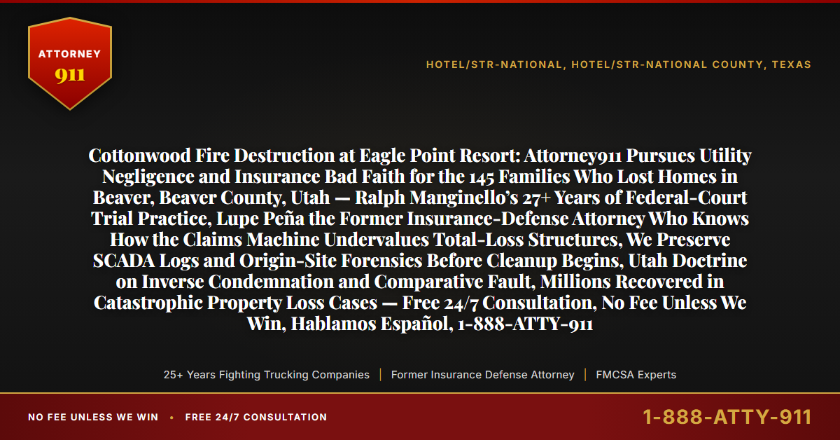 Cottonwood Fire Destruction at Eagle Point Resort: Attorney911 Pursues Utility Negligence and Insurance Bad Faith for the 145 Families Who Lost Homes in Beaver, Beaver County, Utah — Ralph Manginello’s 27+ Years of Federal-Court Trial Practice, Lupe Peña the Former Insurance-Defense Attorney Who Knows How the Claims Machine Undervalues Total-Loss Structures, We Preserve SCADA Logs and Origin-Site Forensics Before Cleanup Begins, Utah Doctrine on Inverse Condemnation and Comparative Fault, Millions Recovered in Catastrophic Property Loss Cases — Free 24/7 Consultation, No Fee Unless We Win, Hablamos Español, 1-888-ATTY-911 - Attorney911