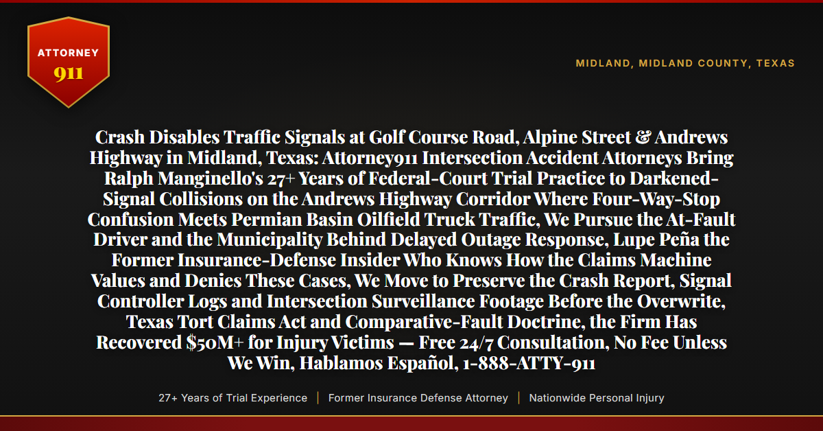 Crash Disables Traffic Signals at Golf Course Road, Alpine Street & Andrews Highway in Midland, Texas: Attorney911 Intersection Accident Attorneys Bring Ralph Manginello's 27+ Years of Federal-Court Trial Practice to Darkened-Signal Collisions on the Andrews Highway Corridor Where Four-Way-Stop Confusion Meets Permian Basin Oilfield Truck Traffic, We Pursue the At-Fault Driver and the Municipality Behind Delayed Outage Response, Lupe Peña the Former Insurance-Defense Insider Who Knows How the Claims Machine Values and Denies These Cases, We Move to Preserve the Crash Report, Signal Controller Logs and Intersection Surveillance Footage Before the Overwrite, Texas Tort Claims Act and Comparative-Fault Doctrine, the Firm Has Recovered $50M+ for Injury Victims — Free 24/7 Consultation, No Fee Unless We Win, Hablamos Español, 1-888-ATTY-911 - Attorney911