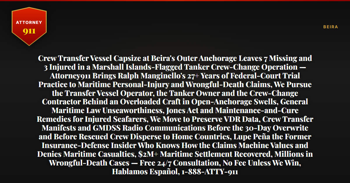 Crew Transfer Vessel Capsize at Beira's Outer Anchorage Leaves 7 Missing and 3 Injured in a Marshall Islands-Flagged Tanker Crew-Change Operation — Attorney911 Brings Ralph Manginello's 27+ Years of Federal-Court Trial Practice to Maritime Personal-Injury and Wrongful-Death Claims, We Pursue the Transfer Vessel Operator, the Tanker Owner and the Crew-Change Contractor Behind an Overloaded Craft in Open-Anchorage Swells, General Maritime Law Unseaworthiness, Jones Act and Maintenance-and-Cure Remedies for Injured Seafarers, We Move to Preserve VDR Data, Crew Transfer Manifests and GMDSS Radio Communications Before the 30-Day Overwrite and Before Rescued Crew Disperse to Home Countries, Lupe Peña the Former Insurance-Defense Insider Who Knows How the Claims Machine Values and Denies Maritime Casualties, $2M+ Maritime Settlement Recovered, Millions in Wrongful-Death Cases — Free 24/7 Consultation, No Fee Unless We Win, Hablamos Español, 1-888-ATTY-911 - Attorney911