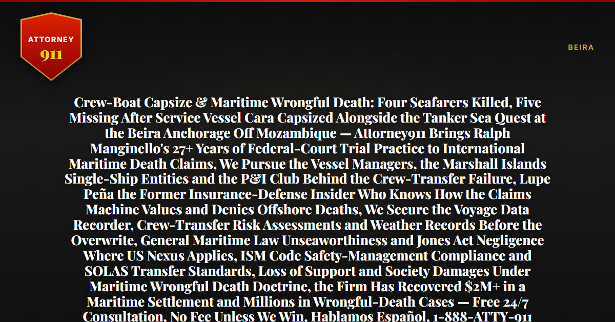Crew-Boat Capsize & Maritime Wrongful Death: Four Seafarers Killed, Five Missing After Service Vessel Cara Capsized Alongside the Tanker Sea Quest at the Beira Anchorage Off Mozambique — Attorney911 Brings Ralph Manginello's 27+ Years of Federal-Court Trial Practice to International Maritime Death Claims, We Pursue the Vessel Managers, the Marshall Islands Single-Ship Entities and the P&I Club Behind the Crew-Transfer Failure, Lupe Peña the Former Insurance-Defense Insider Who Knows How the Claims Machine Values and Denies Offshore Deaths, We Secure the Voyage Data Recorder, Crew-Transfer Risk Assessments and Weather Records Before the Overwrite, General Maritime Law Unseaworthiness and Jones Act Negligence Where US Nexus Applies, ISM Code Safety-Management Compliance and SOLAS Transfer Standards, Loss of Support and Society Damages Under Maritime Wrongful Death Doctrine, the Firm Has Recovered $2M+ in a Maritime Settlement and Millions in Wrongful-Death Cases — Free 24/7 Consultation, No Fee Unless We Win, Hablamos Español, 1-888-ATTY-911 - Attorney911