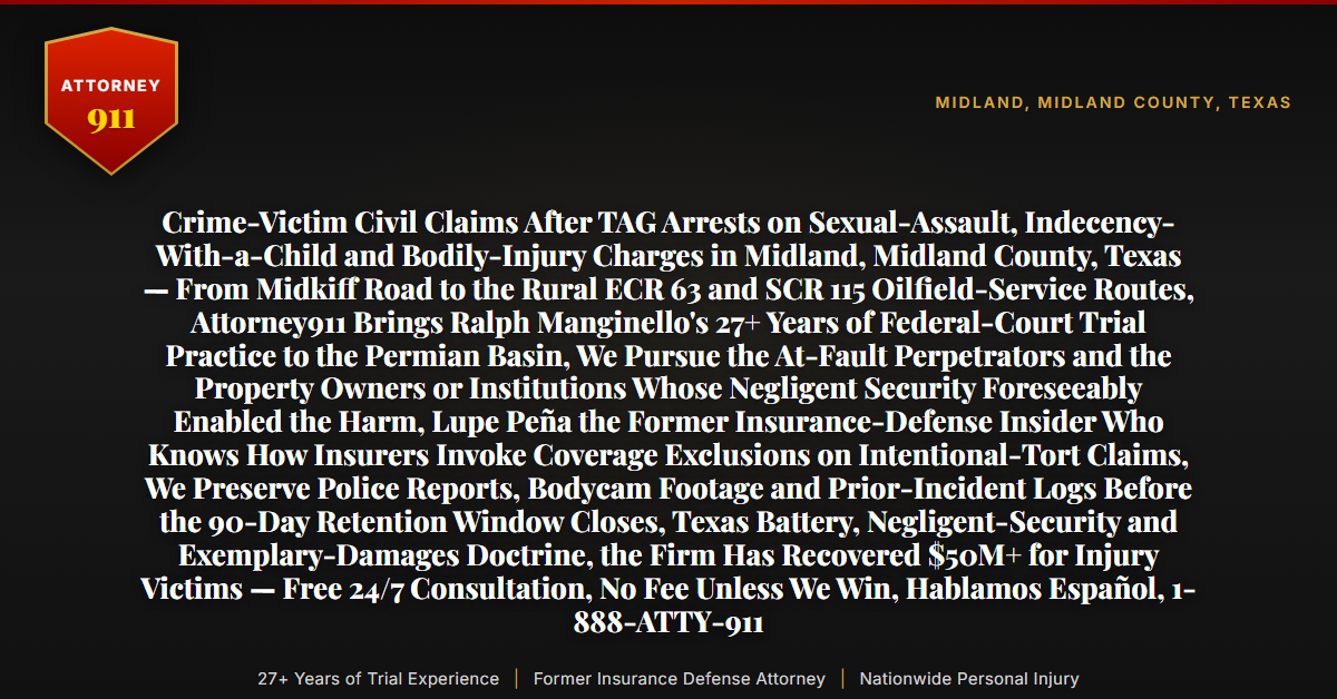 Crime-Victim Civil Claims After TAG Arrests on Sexual-Assault, Indecency-With-a-Child and Bodily-Injury Charges in Midland, Midland County, Texas — From Midkiff Road to the Rural ECR 63 and SCR 115 Oilfield-Service Routes, Attorney911 Brings Ralph Manginello's 27+ Years of Federal-Court Trial Practice to the Permian Basin, We Pursue the At-Fault Perpetrators and the Property Owners or Institutions Whose Negligent Security Foreseeably Enabled the Harm, Lupe Peña the Former Insurance-Defense Insider Who Knows How Insurers Invoke Coverage Exclusions on Intentional-Tort Claims, We Preserve Police Reports, Bodycam Footage and Prior-Incident Logs Before the 90-Day Retention Window Closes, Texas Battery, Negligent-Security and Exemplary-Damages Doctrine, the Firm Has Recovered $50M+ for Injury Victims — Free 24/7 Consultation, No Fee Unless We Win, Hablamos Español, 1-888-ATTY-911 - Attorney911