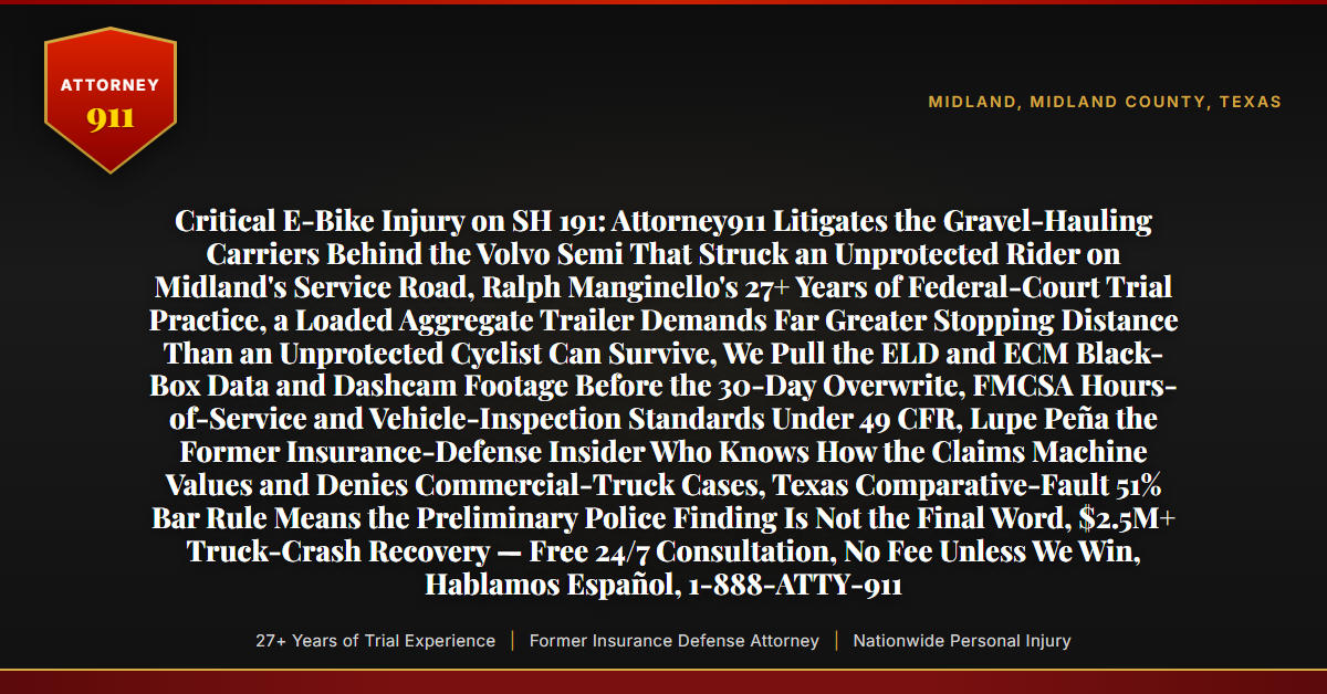 Critical E-Bike Injury on SH 191: Attorney911 Litigates the Gravel-Hauling Carriers Behind the Volvo Semi That Struck an Unprotected Rider on Midland's Service Road, Ralph Manginello's 27+ Years of Federal-Court Trial Practice, a Loaded Aggregate Trailer Demands Far Greater Stopping Distance Than an Unprotected Cyclist Can Survive, We Pull the ELD and ECM Black-Box Data and Dashcam Footage Before the 30-Day Overwrite, FMCSA Hours-of-Service and Vehicle-Inspection Standards Under 49 CFR, Lupe Peña the Former Insurance-Defense Insider Who Knows How the Claims Machine Values and Denies Commercial-Truck Cases, Texas Comparative-Fault 51% Bar Rule Means the Preliminary Police Finding Is Not the Final Word, $2.5M+ Truck-Crash Recovery — Free 24/7 Consultation, No Fee Unless We Win, Hablamos Español, 1-888-ATTY-911 - Attorney911