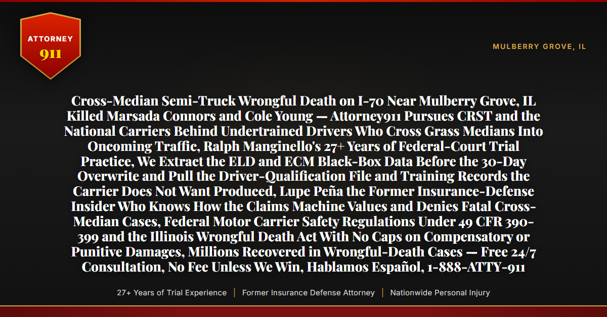Cross-Median Semi-Truck Wrongful Death on I-70 Near Mulberry Grove, IL Killed Marsada Connors and Cole Young — Attorney911 Pursues CRST and the National Carriers Behind Undertrained Drivers Who Cross Grass Medians Into Oncoming Traffic, Ralph Manginello's 27+ Years of Federal-Court Trial Practice, We Extract the ELD and ECM Black-Box Data Before the 30-Day Overwrite and Pull the Driver-Qualification File and Training Records the Carrier Does Not Want Produced, Lupe Peña the Former Insurance-Defense Insider Who Knows How the Claims Machine Values and Denies Fatal Cross-Median Cases, Federal Motor Carrier Safety Regulations Under 49 CFR 390-399 and the Illinois Wrongful Death Act With No Caps on Compensatory or Punitive Damages, Millions Recovered in Wrongful-Death Cases — Free 24/7 Consultation, No Fee Unless We Win, Hablamos Español, 1-888-ATTY-911 - Attorney911