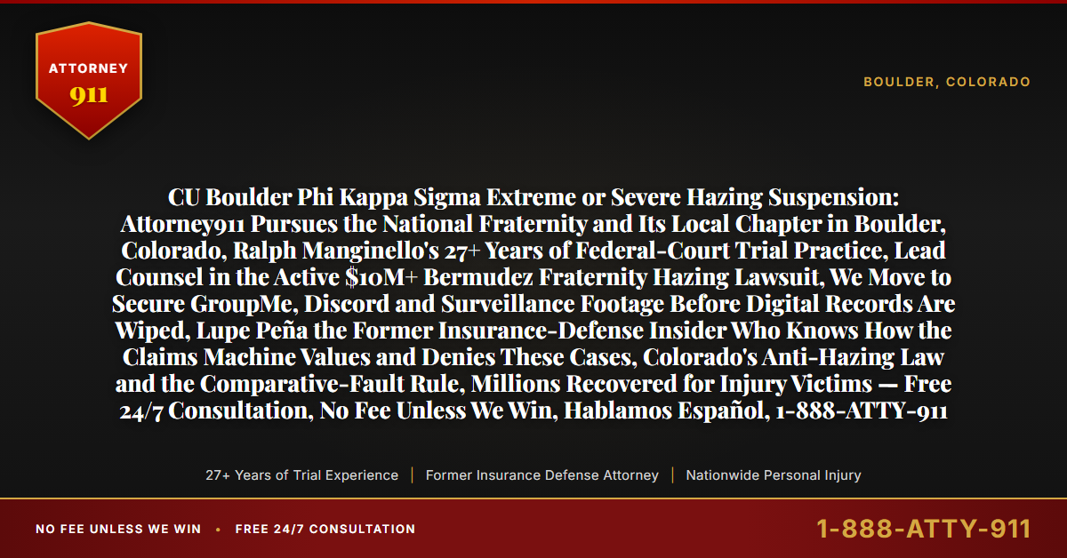 CU Boulder Phi Kappa Sigma Extreme or Severe Hazing Suspension: Attorney911 Pursues the National Fraternity and Its Local Chapter in Boulder, Colorado, Ralph Manginello's 27+ Years of Federal-Court Trial Practice, Lead Counsel in the Active $10M+ Bermudez Fraternity Hazing Lawsuit, We Move to Secure GroupMe, Discord and Surveillance Footage Before Digital Records Are Wiped, Lupe Peña the Former Insurance-Defense Insider Who Knows How the Claims Machine Values and Denies These Cases, Colorado's Anti-Hazing Law and the Comparative-Fault Rule, Millions Recovered for Injury Victims — Free 24/7 Consultation, No Fee Unless We Win, Hablamos Español, 1-888-ATTY-911 - Attorney911