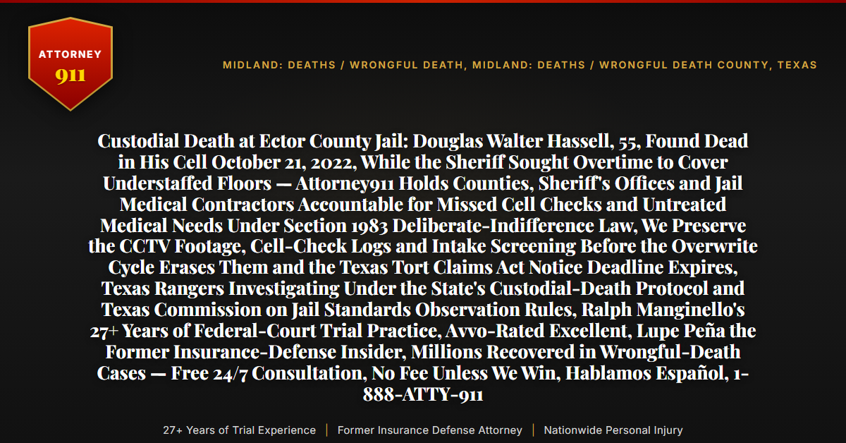 Custodial Death at Ector County Jail: Douglas Walter Hassell, 55, Found Dead in His Cell October 21, 2022, While the Sheriff Sought Overtime to Cover Understaffed Floors — Attorney911 Holds Counties, Sheriff's Offices and Jail Medical Contractors Accountable for Missed Cell Checks and Untreated Medical Needs Under Section 1983 Deliberate-Indifference Law, We Preserve the CCTV Footage, Cell-Check Logs and Intake Screening Before the Overwrite Cycle Erases Them and the Texas Tort Claims Act Notice Deadline Expires, Texas Rangers Investigating Under the State's Custodial-Death Protocol and Texas Commission on Jail Standards Observation Rules, Ralph Manginello's 27+ Years of Federal-Court Trial Practice, Avvo-Rated Excellent, Lupe Peña the Former Insurance-Defense Insider, Millions Recovered in Wrongful-Death Cases — Free 24/7 Consultation, No Fee Unless We Win, Hablamos Español, 1-888-ATTY-911 - Attorney911