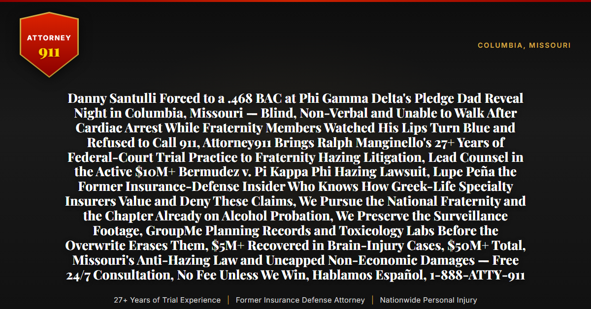Danny Santulli Forced to a .468 BAC at Phi Gamma Delta's Pledge Dad Reveal Night in Columbia, Missouri — Blind, Non-Verbal and Unable to Walk After Cardiac Arrest While Fraternity Members Watched His Lips Turn Blue and Refused to Call 911, Attorney911 Brings Ralph Manginello's 27+ Years of Federal-Court Trial Practice to Fraternity Hazing Litigation, Lead Counsel in the Active $10M+ Bermudez v. Pi Kappa Phi Hazing Lawsuit, Lupe Peña the Former Insurance-Defense Insider Who Knows How Greek-Life Specialty Insurers Value and Deny These Claims, We Pursue the National Fraternity and the Chapter Already on Alcohol Probation, We Preserve the Surveillance Footage, GroupMe Planning Records and Toxicology Labs Before the Overwrite Erases Them, $5M+ Recovered in Brain-Injury Cases, $50M+ Total, Missouri's Anti-Hazing Law and Uncapped Non-Economic Damages — Free 24/7 Consultation, No Fee Unless We Win, Hablamos Español, 1-888-ATTY-911 - Attorney911