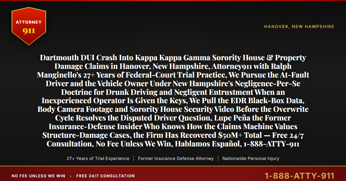 Dartmouth DUI Crash Into Kappa Kappa Gamma Sorority House & Property Damage Claims in Hanover, New Hampshire, Attorney911 with Ralph Manginello's 27+ Years of Federal-Court Trial Practice, We Pursue the At-Fault Driver and the Vehicle Owner Under New Hampshire's Negligence-Per-Se Doctrine for Drunk Driving and Negligent Entrustment When an Inexperienced Operator Is Given the Keys, We Pull the EDR Black-Box Data, Body Camera Footage and Sorority House Security Video Before the Overwrite Cycle Resolves the Disputed Driver Question, Lupe Peña the Former Insurance-Defense Insider Who Knows How the Claims Machine Values Structure-Damage Cases, the Firm Has Recovered $50M+ Total — Free 24/7 Consultation, No Fee Unless We Win, Hablamos Español, 1-888-ATTY-911 - Attorney911