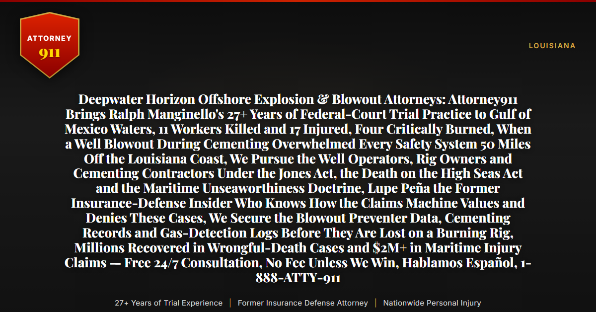 Deepwater Horizon Offshore Explosion & Blowout Attorneys: Attorney911 Brings Ralph Manginello's 27+ Years of Federal-Court Trial Practice to Gulf of Mexico Waters, 11 Workers Killed and 17 Injured, Four Critically Burned, When a Well Blowout During Cementing Overwhelmed Every Safety System 50 Miles Off the Louisiana Coast, We Pursue the Well Operators, Rig Owners and Cementing Contractors Under the Jones Act, the Death on the High Seas Act and the Maritime Unseaworthiness Doctrine, Lupe Peña the Former Insurance-Defense Insider Who Knows How the Claims Machine Values and Denies These Cases, We Secure the Blowout Preventer Data, Cementing Records and Gas-Detection Logs Before They Are Lost on a Burning Rig, Millions Recovered in Wrongful-Death Cases and $2M+ in Maritime Injury Claims — Free 24/7 Consultation, No Fee Unless We Win, Hablamos Español, 1-888-ATTY-911 - Attorney911