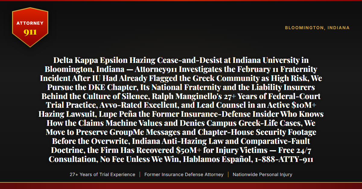 Delta Kappa Epsilon Hazing Cease-and-Desist at Indiana University in Bloomington, Indiana — Attorney911 Investigates the February 11 Fraternity Incident After IU Had Already Flagged the Greek Community as High Risk, We Pursue the DKE Chapter, Its National Fraternity and the Liability Insurers Behind the Culture of Silence, Ralph Manginello's 27+ Years of Federal-Court Trial Practice, Avvo-Rated Excellent, and Lead Counsel in an Active $10M+ Hazing Lawsuit, Lupe Peña the Former Insurance-Defense Insider Who Knows How the Claims Machine Values and Denies Campus Greek-Life Cases, We Move to Preserve GroupMe Messages and Chapter-House Security Footage Before the Overwrite, Indiana Anti-Hazing Law and Comparative-Fault Doctrine, the Firm Has Recovered $50M+ for Injury Victims — Free 24/7 Consultation, No Fee Unless We Win, Hablamos Español, 1-888-ATTY-911 - Attorney911