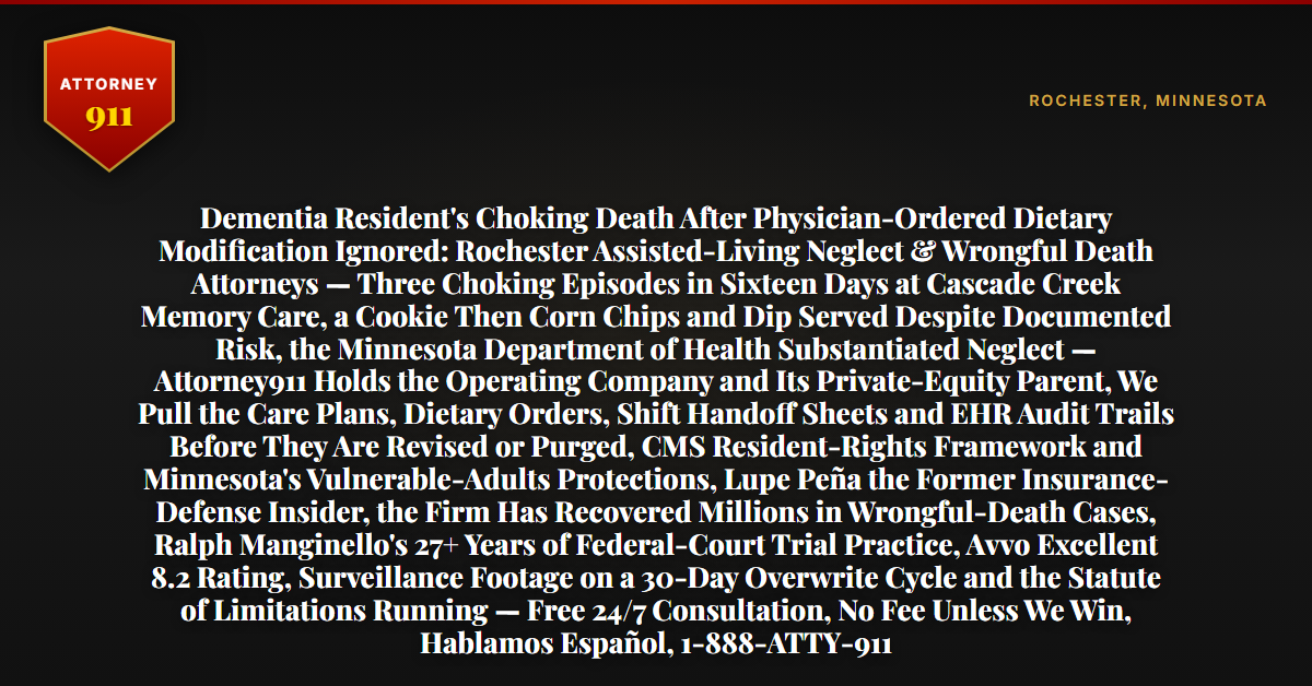 Dementia Resident's Choking Death After Physician-Ordered Dietary Modification Ignored: Rochester Assisted-Living Neglect & Wrongful Death Attorneys — Three Choking Episodes in Sixteen Days at Cascade Creek Memory Care, a Cookie Then Corn Chips and Dip Served Despite Documented Risk, the Minnesota Department of Health Substantiated Neglect — Attorney911 Holds the Operating Company and Its Private-Equity Parent, We Pull the Care Plans, Dietary Orders, Shift Handoff Sheets and EHR Audit Trails Before They Are Revised or Purged, CMS Resident-Rights Framework and Minnesota's Vulnerable-Adults Protections, Lupe Peña the Former Insurance-Defense Insider, the Firm Has Recovered Millions in Wrongful-Death Cases, Ralph Manginello's 27+ Years of Federal-Court Trial Practice, Avvo Excellent 8.2 Rating, Surveillance Footage on a 30-Day Overwrite Cycle and the Statute of Limitations Running — Free 24/7 Consultation, No Fee Unless We Win, Hablamos Español, 1-888-ATTY-911 - Attorney911