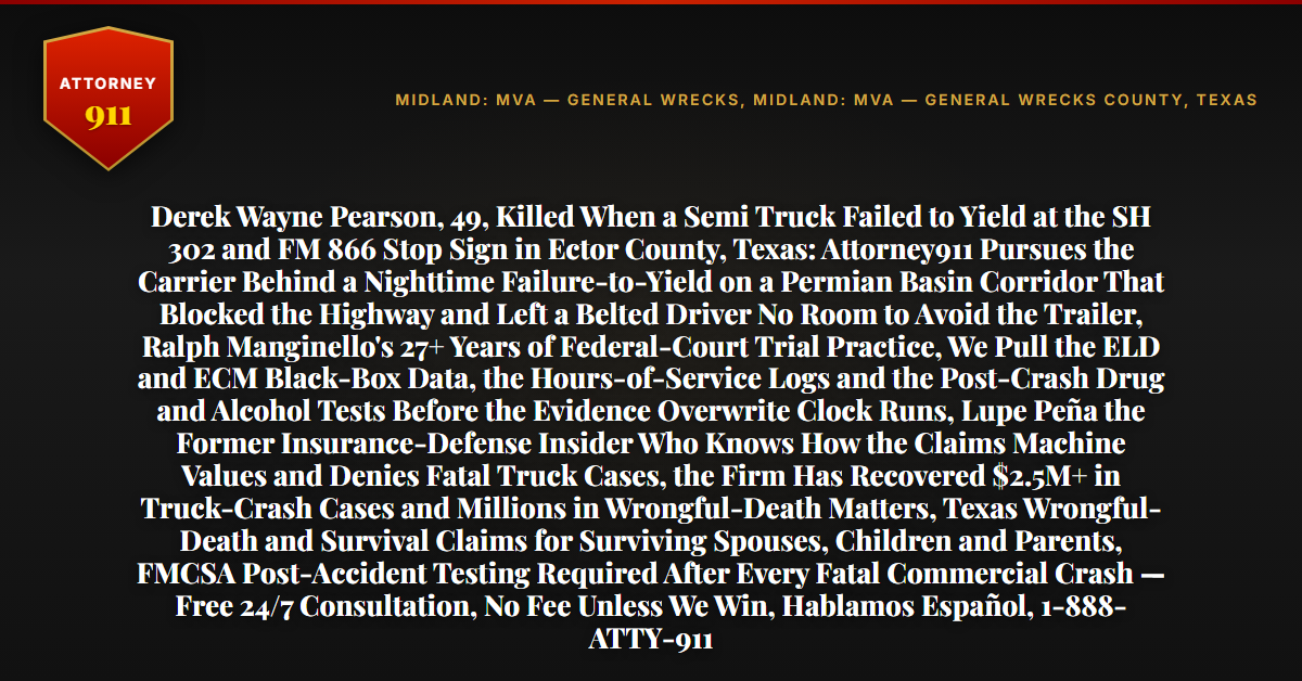 Derek Wayne Pearson, 49, Killed When a Semi Truck Failed to Yield at the SH 302 and FM 866 Stop Sign in Ector County, Texas: Attorney911 Pursues the Carrier Behind a Nighttime Failure-to-Yield on a Permian Basin Corridor That Blocked the Highway and Left a Belted Driver No Room to Avoid the Trailer, Ralph Manginello's 27+ Years of Federal-Court Trial Practice, We Pull the ELD and ECM Black-Box Data, the Hours-of-Service Logs and the Post-Crash Drug and Alcohol Tests Before the Evidence Overwrite Clock Runs, Lupe Peña the Former Insurance-Defense Insider Who Knows How the Claims Machine Values and Denies Fatal Truck Cases, the Firm Has Recovered $2.5M+ in Truck-Crash Cases and Millions in Wrongful-Death Matters, Texas Wrongful-Death and Survival Claims for Surviving Spouses, Children and Parents, FMCSA Post-Accident Testing Required After Every Fatal Commercial Crash — Free 24/7 Consultation, No Fee Unless We Win, Hablamos Español, 1-888-ATTY-911 - Attorney911