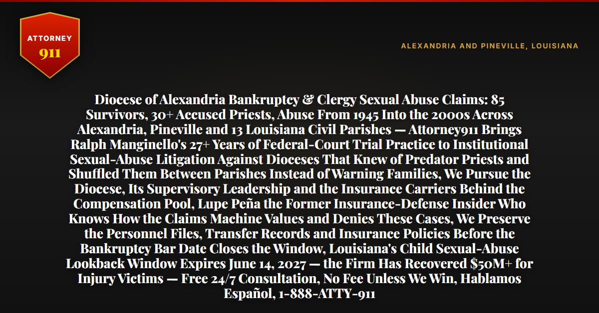 Diocese of Alexandria Bankruptcy & Clergy Sexual Abuse Claims: 85 Survivors, 30+ Accused Priests, Abuse From 1945 Into the 2000s Across Alexandria, Pineville and 13 Louisiana Civil Parishes — Attorney911 Brings Ralph Manginello's 27+ Years of Federal-Court Trial Practice to Institutional Sexual-Abuse Litigation Against Dioceses That Knew of Predator Priests and Shuffled Them Between Parishes Instead of Warning Families, We Pursue the Diocese, Its Supervisory Leadership and the Insurance Carriers Behind the Compensation Pool, Lupe Peña the Former Insurance-Defense Insider Who Knows How the Claims Machine Values and Denies These Cases, We Preserve the Personnel Files, Transfer Records and Insurance Policies Before the Bankruptcy Bar Date Closes the Window, Louisiana's Child Sexual-Abuse Lookback Window Expires June 14, 2027 — the Firm Has Recovered $50M+ for Injury Victims — Free 24/7 Consultation, No Fee Unless We Win, Hablamos Español, 1-888-ATTY-911 - Attorney911