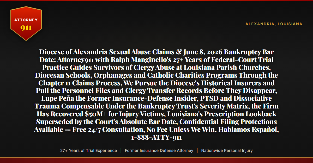 Diocese of Alexandria Sexual Abuse Claims & June 8, 2026 Bankruptcy Bar Date: Attorney911 with Ralph Manginello's 27+ Years of Federal-Court Trial Practice Guides Survivors of Clergy Abuse at Louisiana Parish Churches, Diocesan Schools, Orphanages and Catholic Charities Programs Through the Chapter 11 Claims Process, We Pursue the Diocese's Historical Insurers and Pull the Personnel Files and Clergy Transfer Records Before They Disappear, Lupe Peña the Former Insurance-Defense Insider, PTSD and Dissociative Trauma Compensable Under the Bankruptcy Trust's Severity Matrix, the Firm Has Recovered $50M+ for Injury Victims, Louisiana's Prescription Lookback Superseded by the Court's Absolute Bar Date, Confidential Filing Protections Available — Free 24/7 Consultation, No Fee Unless We Win, Hablamos Español, 1-888-ATTY-911 - Attorney911