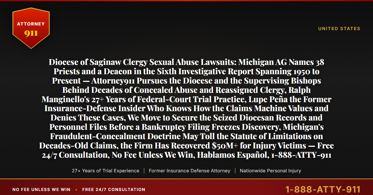 Diocese of Saginaw Clergy Sexual Abuse Lawsuits: Michigan AG Names 38 Priests and a Deacon in the Sixth Investigative Report Spanning 1950 to Present — Attorney911 Pursues the Diocese and the Supervising Bishops Behind Decades of Concealed Abuse and Reassigned Clergy, Ralph Manginello's 27+ Years of Federal-Court Trial Practice, Lupe Peña the Former Insurance-Defense Insider Who Knows How the Claims Machine Values and Denies These Cases, We Move to Secure the Seized Diocesan Records and Personnel Files Before a Bankruptcy Filing Freezes Discovery, Michigan's Fraudulent-Concealment Doctrine May Toll the Statute of Limitations on Decades-Old Claims, the Firm Has Recovered $50M+ for Injury Victims — Free 24/7 Consultation, No Fee Unless We Win, Hablamos Español, 1-888-ATTY-911 - Attorney911