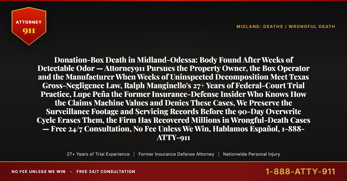 Donation-Box Death in Midland-Odessa: Body Found After Weeks of Detectable Odor — Attorney911 Pursues the Property Owner, the Box Operator and the Manufacturer When Weeks of Uninspected Decomposition Meet Texas Gross-Negligence Law, Ralph Manginello's 27+ Years of Federal-Court Trial Practice, Lupe Peña the Former Insurance-Defense Insider Who Knows How the Claims Machine Values and Denies These Cases, We Preserve the Surveillance Footage and Servicing Records Before the 90-Day Overwrite Cycle Erases Them, the Firm Has Recovered Millions in Wrongful-Death Cases — Free 24/7 Consultation, No Fee Unless We Win, Hablamos Español, 1-888-ATTY-911 - Attorney911