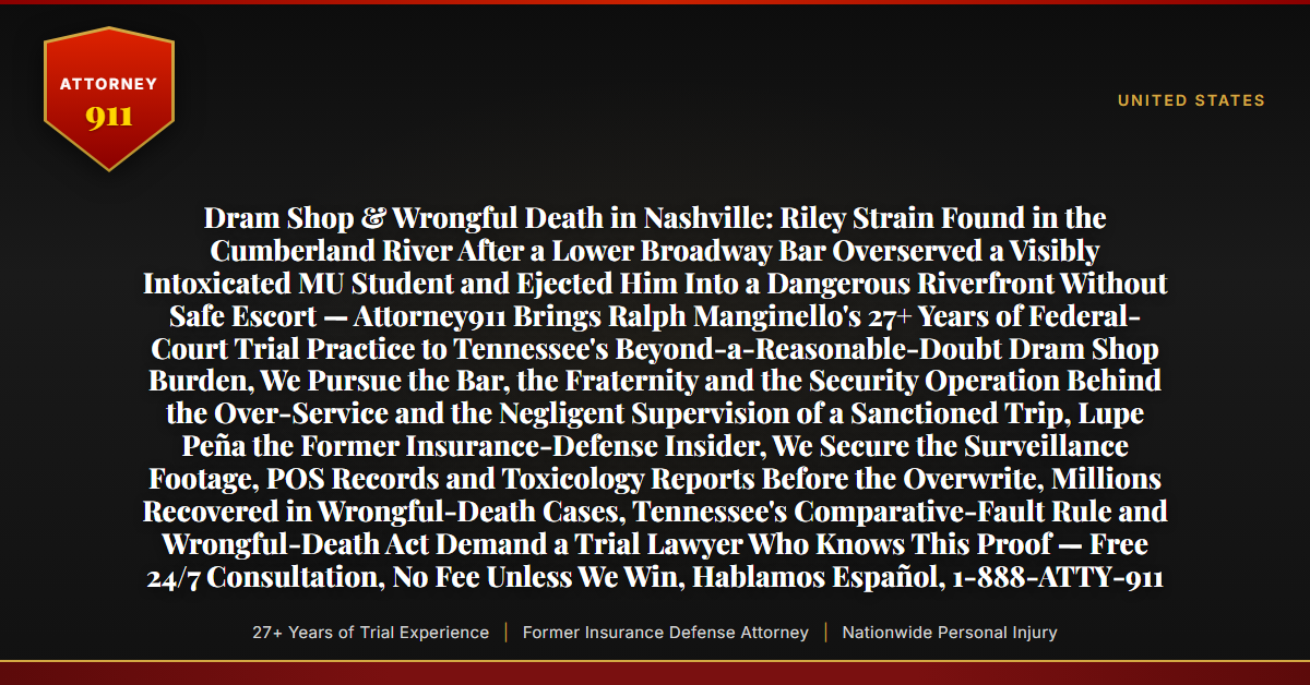 Dram Shop & Wrongful Death in Nashville: Riley Strain Found in the Cumberland River After a Lower Broadway Bar Overserved a Visibly Intoxicated MU Student and Ejected Him Into a Dangerous Riverfront Without Safe Escort — Attorney911 Brings Ralph Manginello's 27+ Years of Federal-Court Trial Practice to Tennessee's Beyond-a-Reasonable-Doubt Dram Shop Burden, We Pursue the Bar, the Fraternity and the Security Operation Behind the Over-Service and the Negligent Supervision of a Sanctioned Trip, Lupe Peña the Former Insurance-Defense Insider, We Secure the Surveillance Footage, POS Records and Toxicology Reports Before the Overwrite, Millions Recovered in Wrongful-Death Cases, Tennessee's Comparative-Fault Rule and Wrongful-Death Act Demand a Trial Lawyer Who Knows This Proof — Free 24/7 Consultation, No Fee Unless We Win, Hablamos Español, 1-888-ATTY-911 - Attorney911