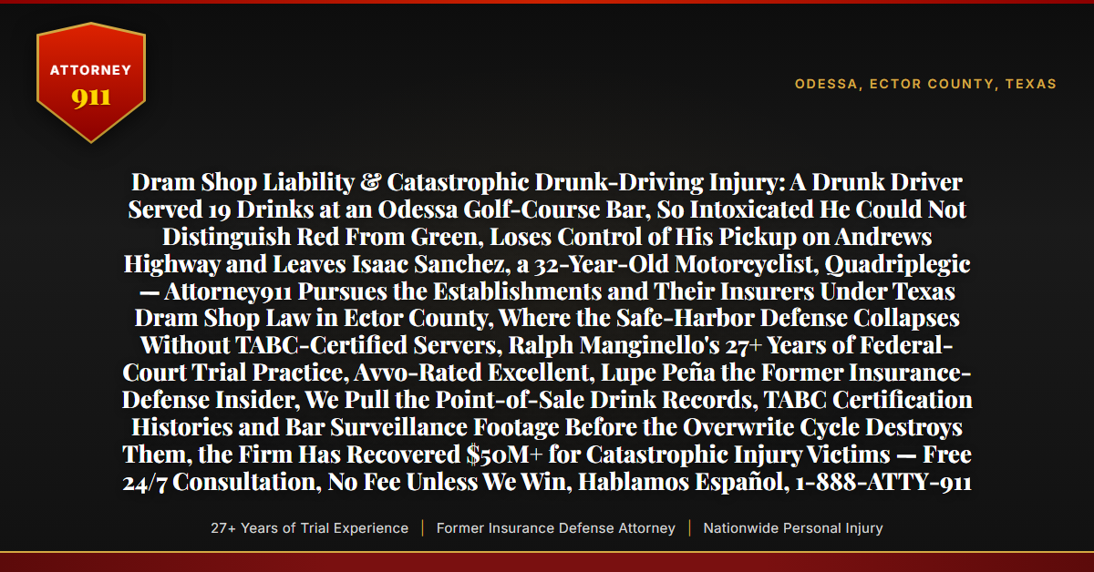 Dram Shop Liability & Catastrophic Drunk-Driving Injury: A Drunk Driver Served 19 Drinks at an Odessa Golf-Course Bar, So Intoxicated He Could Not Distinguish Red From Green, Loses Control of His Pickup on Andrews Highway and Leaves Isaac Sanchez, a 32-Year-Old Motorcyclist, Quadriplegic — Attorney911 Pursues the Establishments and Their Insurers Under Texas Dram Shop Law in Ector County, Where the Safe-Harbor Defense Collapses Without TABC-Certified Servers, Ralph Manginello's 27+ Years of Federal-Court Trial Practice, Avvo-Rated Excellent, Lupe Peña the Former Insurance-Defense Insider, We Pull the Point-of-Sale Drink Records, TABC Certification Histories and Bar Surveillance Footage Before the Overwrite Cycle Destroys Them, the Firm Has Recovered $50M+ for Catastrophic Injury Victims — Free 24/7 Consultation, No Fee Unless We Win, Hablamos Español, 1-888-ATTY-911 - Attorney911