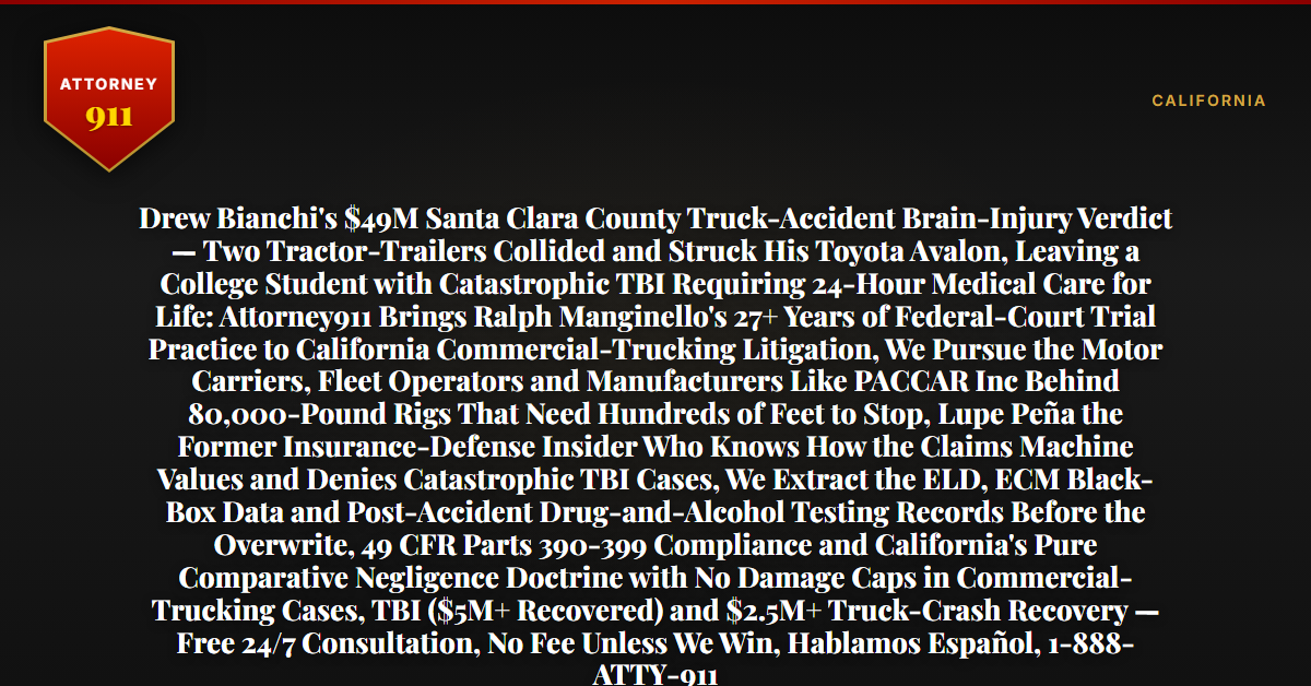 Drew Bianchi's $49M Santa Clara County Truck-Accident Brain-Injury Verdict — Two Tractor-Trailers Collided and Struck His Toyota Avalon, Leaving a College Student with Catastrophic TBI Requiring 24-Hour Medical Care for Life: Attorney911 Brings Ralph Manginello's 27+ Years of Federal-Court Trial Practice to California Commercial-Trucking Litigation, We Pursue the Motor Carriers, Fleet Operators and Manufacturers Like PACCAR Inc Behind 80,000-Pound Rigs That Need Hundreds of Feet to Stop, Lupe Peña the Former Insurance-Defense Insider Who Knows How the Claims Machine Values and Denies Catastrophic TBI Cases, We Extract the ELD, ECM Black-Box Data and Post-Accident Drug-and-Alcohol Testing Records Before the Overwrite, 49 CFR Parts 390-399 Compliance and California's Pure Comparative Negligence Doctrine with No Damage Caps in Commercial-Trucking Cases, TBI ($5M+ Recovered) and $2.5M+ Truck-Crash Recovery — Free 24/7 Consultation, No Fee Unless We Win, Hablamos Español, 1-888-ATTY-911 - Attorney911