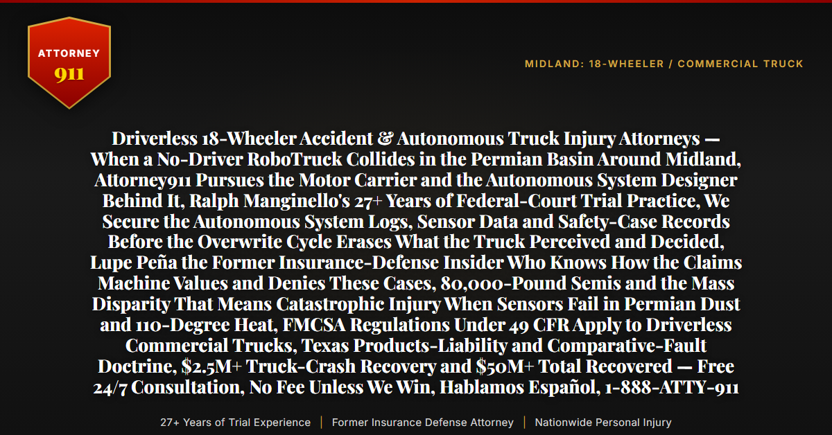 Driverless 18-Wheeler Accident & Autonomous Truck Injury Attorneys — When a No-Driver RoboTruck Collides in the Permian Basin Around Midland, Attorney911 Pursues the Motor Carrier and the Autonomous System Designer Behind It, Ralph Manginello's 27+ Years of Federal-Court Trial Practice, We Secure the Autonomous System Logs, Sensor Data and Safety-Case Records Before the Overwrite Cycle Erases What the Truck Perceived and Decided, Lupe Peña the Former Insurance-Defense Insider Who Knows How the Claims Machine Values and Denies These Cases, 80,000-Pound Semis and the Mass Disparity That Means Catastrophic Injury When Sensors Fail in Permian Dust and 110-Degree Heat, FMCSA Regulations Under 49 CFR Apply to Driverless Commercial Trucks, Texas Products-Liability and Comparative-Fault Doctrine, $2.5M+ Truck-Crash Recovery and $50M+ Total Recovered — Free 24/7 Consultation, No Fee Unless We Win, Hablamos Español, 1-888-ATTY-911 - Attorney911