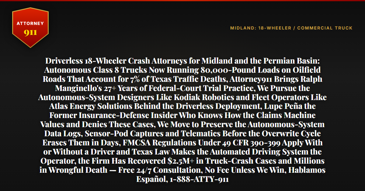 Driverless 18-Wheeler Crash Attorneys for Midland and the Permian Basin: Autonomous Class 8 Trucks Now Running 80,000-Pound Loads on Oilfield Roads That Account for 7% of Texas Traffic Deaths, Attorney911 Brings Ralph Manginello's 27+ Years of Federal-Court Trial Practice, We Pursue the Autonomous-System Designers Like Kodiak Robotics and Fleet Operators Like Atlas Energy Solutions Behind the Driverless Deployment, Lupe Peña the Former Insurance-Defense Insider Who Knows How the Claims Machine Values and Denies These Cases, We Move to Preserve the Autonomous-System Data Logs, Sensor-Pod Captures and Telematics Before the Overwrite Cycle Erases Them in Days, FMCSA Regulations Under 49 CFR 390-399 Apply With or Without a Driver and Texas Law Makes the Automated Driving System the Operator, the Firm Has Recovered $2.5M+ in Truck-Crash Cases and Millions in Wrongful Death — Free 24/7 Consultation, No Fee Unless We Win, Hablamos Español, 1-888-ATTY-911 - Attorney911