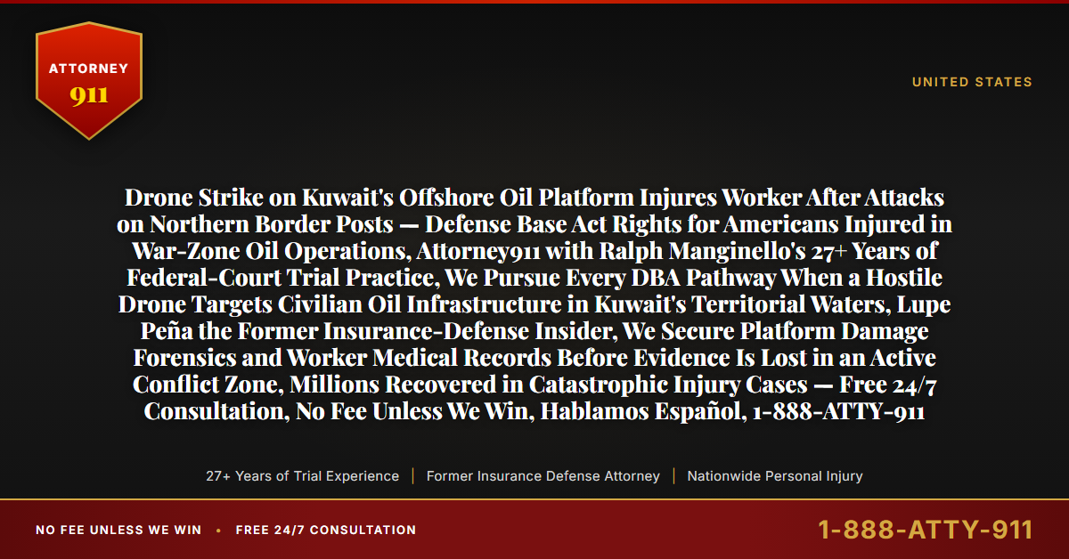 Drone Strike on Kuwait's Offshore Oil Platform Injures Worker After Attacks on Northern Border Posts — Defense Base Act Rights for Americans Injured in War-Zone Oil Operations, Attorney911 with Ralph Manginello's 27+ Years of Federal-Court Trial Practice, We Pursue Every DBA Pathway When a Hostile Drone Targets Civilian Oil Infrastructure in Kuwait's Territorial Waters, Lupe Peña the Former Insurance-Defense Insider, We Secure Platform Damage Forensics and Worker Medical Records Before Evidence Is Lost in an Active Conflict Zone, Millions Recovered in Catastrophic Injury Cases — Free 24/7 Consultation, No Fee Unless We Win, Hablamos Español, 1-888-ATTY-911 - Attorney911