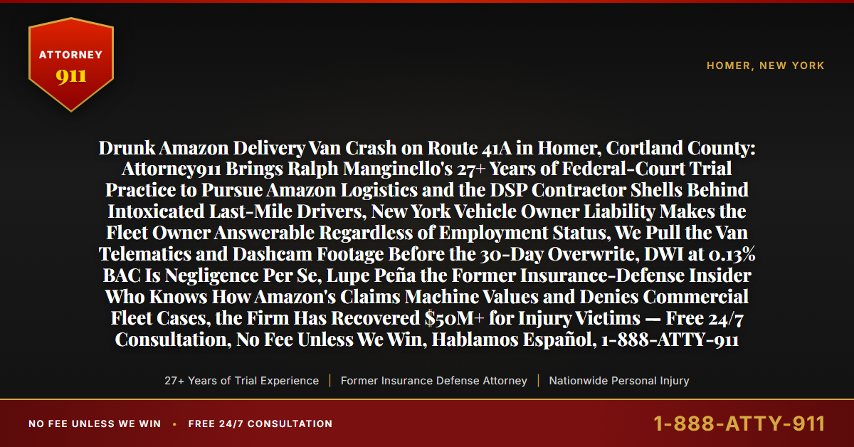 Drunk Amazon Delivery Van Crash on Route 41A in Homer, Cortland County: Attorney911 Brings Ralph Manginello's 27+ Years of Federal-Court Trial Practice to Pursue Amazon Logistics and the DSP Contractor Shells Behind Intoxicated Last-Mile Drivers, New York Vehicle Owner Liability Makes the Fleet Owner Answerable Regardless of Employment Status, We Pull the Van Telematics and Dashcam Footage Before the 30-Day Overwrite, DWI at 0.13% BAC Is Negligence Per Se, Lupe Peña the Former Insurance-Defense Insider Who Knows How Amazon's Claims Machine Values and Denies Commercial Fleet Cases, the Firm Has Recovered $50M+ for Injury Victims — Free 24/7 Consultation, No Fee Unless We Win, Hablamos Español, 1-888-ATTY-911 - Attorney911