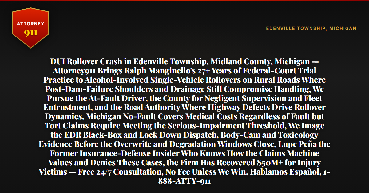 DUI Rollover Crash in Edenville Township, Midland County, Michigan — Attorney911 Brings Ralph Manginello's 27+ Years of Federal-Court Trial Practice to Alcohol-Involved Single-Vehicle Rollovers on Rural Roads Where Post-Dam-Failure Shoulders and Drainage Still Compromise Handling, We Pursue the At-Fault Driver, the County for Negligent Supervision and Fleet Entrustment, and the Road Authority Where Highway Defects Drive Rollover Dynamics, Michigan No-Fault Covers Medical Costs Regardless of Fault but Tort Claims Require Meeting the Serious-Impairment Threshold, We Image the EDR Black-Box and Lock Down Dispatch, Body-Cam and Toxicology Evidence Before the Overwrite and Degradation Windows Close, Lupe Peña the Former Insurance-Defense Insider Who Knows How the Claims Machine Values and Denies These Cases, the Firm Has Recovered $50M+ for Injury Victims — Free 24/7 Consultation, No Fee Unless We Win, Hablamos Español, 1-888-ATTY-911 - Attorney911