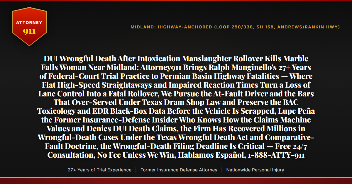 DUI Wrongful Death After Intoxication Manslaughter Rollover Kills Marble Falls Woman Near Midland: Attorney911 Brings Ralph Manginello's 27+ Years of Federal-Court Trial Practice to Permian Basin Highway Fatalities — Where Flat High-Speed Straightaways and Impaired Reaction Times Turn a Loss of Lane Control Into a Fatal Rollover, We Pursue the At-Fault Driver and the Bars That Over-Served Under Texas Dram Shop Law and Preserve the BAC Toxicology and EDR Black-Box Data Before the Vehicle Is Scrapped, Lupe Peña the Former Insurance-Defense Insider Who Knows How the Claims Machine Values and Denies DUI Death Claims, the Firm Has Recovered Millions in Wrongful-Death Cases Under the Texas Wrongful Death Act and Comparative-Fault Doctrine, the Wrongful-Death Filing Deadline Is Critical — Free 24/7 Consultation, No Fee Unless We Win, Hablamos Español, 1-888-ATTY-911 - Attorney911