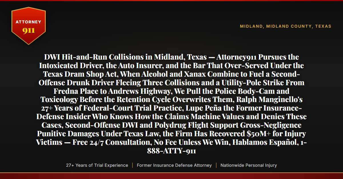 DWI Hit-and-Run Collisions in Midland, Texas — Attorney911 Pursues the Intoxicated Driver, the Auto Insurer, and the Bar That Over-Served Under the Texas Dram Shop Act, When Alcohol and Xanax Combine to Fuel a Second-Offense Drunk Driver Fleeing Three Collisions and a Utility-Pole Strike From Fredna Place to Andrews Highway, We Pull the Police Body-Cam and Toxicology Before the Retention Cycle Overwrites Them, Ralph Manginello's 27+ Years of Federal-Court Trial Practice, Lupe Peña the Former Insurance-Defense Insider Who Knows How the Claims Machine Values and Denies These Cases, Second-Offense DWI and Polydrug Flight Support Gross-Negligence Punitive Damages Under Texas Law, the Firm Has Recovered $50M+ for Injury Victims — Free 24/7 Consultation, No Fee Unless We Win, Hablamos Español, 1-888-ATTY-911 - Attorney911