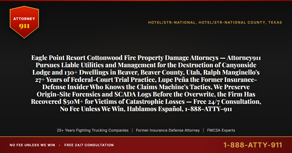 Eagle Point Resort Cottonwood Fire Property Damage Attorneys — Attorney911 Pursues Liable Utilities and Management for the Destruction of Canyonside Lodge and 130+ Dwellings in Beaver, Beaver County, Utah, Ralph Manginello's 27+ Years of Federal-Court Trial Practice, Lupe Peña the Former Insurance-Defense Insider Who Knows the Claims Machine's Tactics, We Preserve Origin-Site Forensics and SCADA Logs Before the Overwrite, the Firm Has Recovered $50M+ for Victims of Catastrophic Losses — Free 24/7 Consultation, No Fee Unless We Win, Hablamos Español, 1-888-ATTY-911 - Attorney911