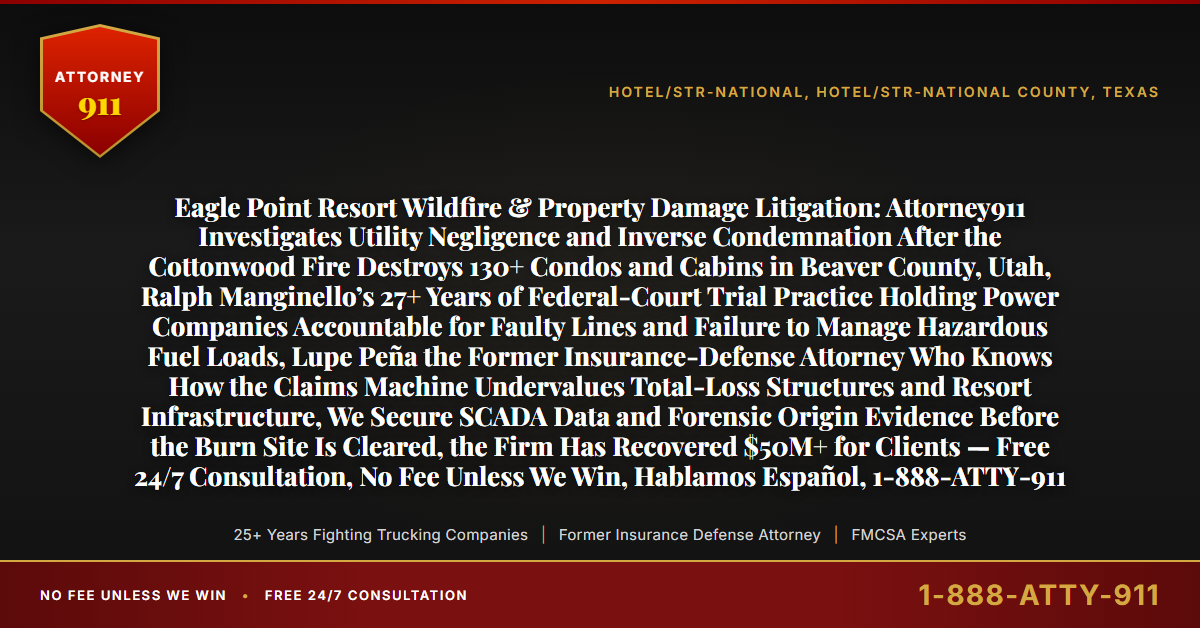 Eagle Point Resort Wildfire & Property Damage Litigation: Attorney911 Investigates Utility Negligence and Inverse Condemnation After the Cottonwood Fire Destroys 130+ Condos and Cabins in Beaver County, Utah, Ralph Manginello’s 27+ Years of Federal-Court Trial Practice Holding Power Companies Accountable for Faulty Lines and Failure to Manage Hazardous Fuel Loads, Lupe Peña the Former Insurance-Defense Attorney Who Knows How the Claims Machine Undervalues Total-Loss Structures and Resort Infrastructure, We Secure SCADA Data and Forensic Origin Evidence Before the Burn Site Is Cleared, the Firm Has Recovered $50M+ for Clients — Free 24/7 Consultation, No Fee Unless We Win, Hablamos Español, 1-888-ATTY-911 - Attorney911