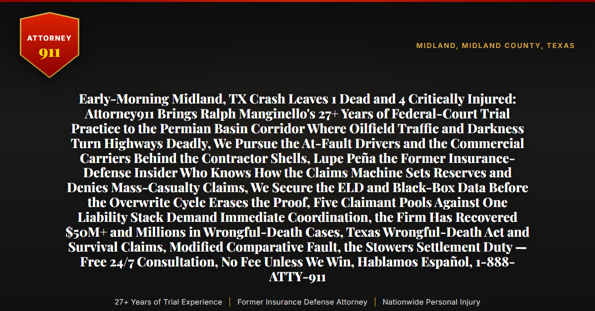 Early-Morning Midland, TX Crash Leaves 1 Dead and 4 Critically Injured: Attorney911 Brings Ralph Manginello's 27+ Years of Federal-Court Trial Practice to the Permian Basin Corridor Where Oilfield Traffic and Darkness Turn Highways Deadly, We Pursue the At-Fault Drivers and the Commercial Carriers Behind the Contractor Shells, Lupe Peña the Former Insurance-Defense Insider Who Knows How the Claims Machine Sets Reserves and Denies Mass-Casualty Claims, We Secure the ELD and Black-Box Data Before the Overwrite Cycle Erases the Proof, Five Claimant Pools Against One Liability Stack Demand Immediate Coordination, the Firm Has Recovered $50M+ and Millions in Wrongful-Death Cases, Texas Wrongful-Death Act and Survival Claims, Modified Comparative Fault, the Stowers Settlement Duty — Free 24/7 Consultation, No Fee Unless We Win, Hablamos Español, 1-888-ATTY-911 - Attorney911