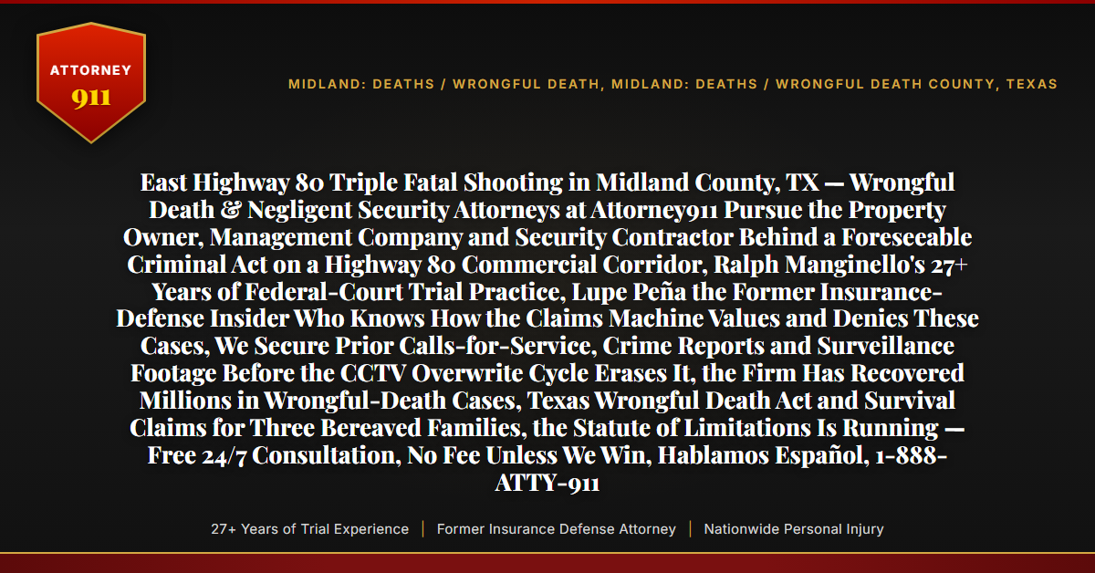 East Highway 80 Triple Fatal Shooting in Midland County, TX — Wrongful Death & Negligent Security Attorneys at Attorney911 Pursue the Property Owner, Management Company and Security Contractor Behind a Foreseeable Criminal Act on a Highway 80 Commercial Corridor, Ralph Manginello's 27+ Years of Federal-Court Trial Practice, Lupe Peña the Former Insurance-Defense Insider Who Knows How the Claims Machine Values and Denies These Cases, We Secure Prior Calls-for-Service, Crime Reports and Surveillance Footage Before the CCTV Overwrite Cycle Erases It, the Firm Has Recovered Millions in Wrongful-Death Cases, Texas Wrongful Death Act and Survival Claims for Three Bereaved Families, the Statute of Limitations Is Running — Free 24/7 Consultation, No Fee Unless We Win, Hablamos Español, 1-888-ATTY-911 - Attorney911
