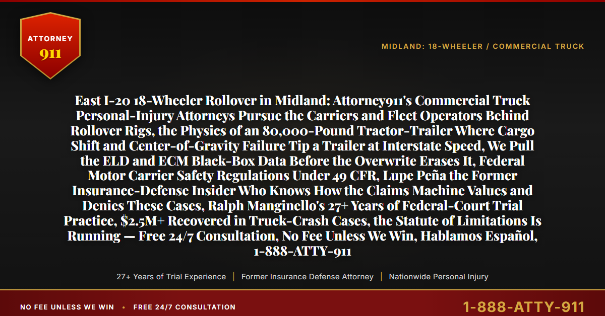 East I-20 18-Wheeler Rollover in Midland: Attorney911's Commercial Truck Personal-Injury Attorneys Pursue the Carriers and Fleet Operators Behind Rollover Rigs, the Physics of an 80,000-Pound Tractor-Trailer Where Cargo Shift and Center-of-Gravity Failure Tip a Trailer at Interstate Speed, We Pull the ELD and ECM Black-Box Data Before the Overwrite Erases It, Federal Motor Carrier Safety Regulations Under 49 CFR, Lupe Peña the Former Insurance-Defense Insider Who Knows How the Claims Machine Values and Denies These Cases, Ralph Manginello's 27+ Years of Federal-Court Trial Practice, $2.5M+ Recovered in Truck-Crash Cases, the Statute of Limitations Is Running — Free 24/7 Consultation, No Fee Unless We Win, Hablamos Español, 1-888-ATTY-911 - Attorney911