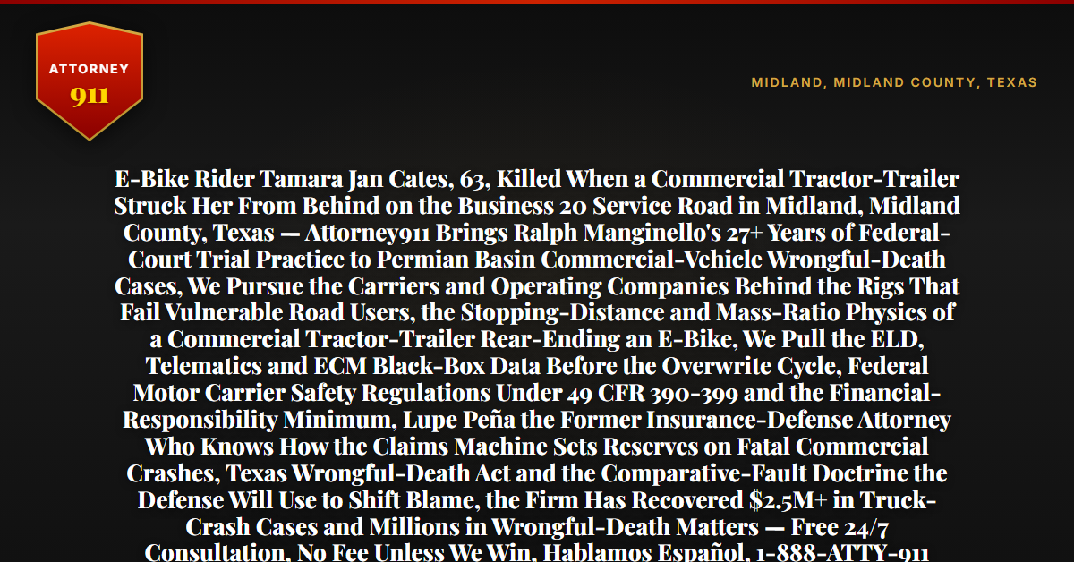 E-Bike Rider Tamara Jan Cates, 63, Killed When a Commercial Tractor-Trailer Struck Her From Behind on the Business 20 Service Road in Midland, Midland County, Texas — Attorney911 Brings Ralph Manginello's 27+ Years of Federal-Court Trial Practice to Permian Basin Commercial-Vehicle Wrongful-Death Cases, We Pursue the Carriers and Operating Companies Behind the Rigs That Fail Vulnerable Road Users, the Stopping-Distance and Mass-Ratio Physics of a Commercial Tractor-Trailer Rear-Ending an E-Bike, We Pull the ELD, Telematics and ECM Black-Box Data Before the Overwrite Cycle, Federal Motor Carrier Safety Regulations Under 49 CFR 390-399 and the Financial-Responsibility Minimum, Lupe Peña the Former Insurance-Defense Attorney Who Knows How the Claims Machine Sets Reserves on Fatal Commercial Crashes, Texas Wrongful-Death Act and the Comparative-Fault Doctrine the Defense Will Use to Shift Blame, the Firm Has Recovered $2.5M+ in Truck-Crash Cases and Millions in Wrongful-Death Matters — Free 24/7 Consultation, No Fee Unless We Win, Hablamos Español, 1-888-ATTY-911 - Attorney911