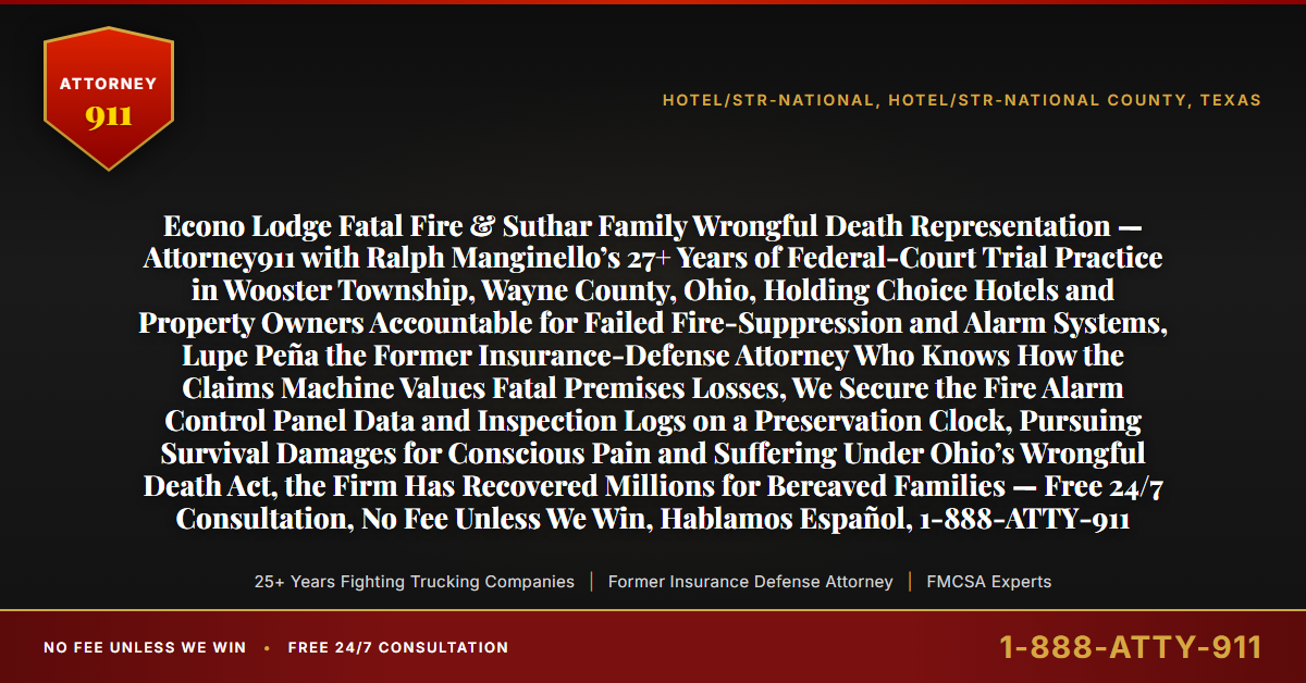 Econo Lodge Fatal Fire & Suthar Family Wrongful Death Representation — Attorney911 with Ralph Manginello’s 27+ Years of Federal-Court Trial Practice in Wooster Township, Wayne County, Ohio, Holding Choice Hotels and Property Owners Accountable for Failed Fire-Suppression and Alarm Systems, Lupe Peña the Former Insurance-Defense Attorney Who Knows How the Claims Machine Values Fatal Premises Losses, We Secure the Fire Alarm Control Panel Data and Inspection Logs on a Preservation Clock, Pursuing Survival Damages for Conscious Pain and Suffering Under Ohio’s Wrongful Death Act, the Firm Has Recovered Millions for Bereaved Families — Free 24/7 Consultation, No Fee Unless We Win, Hablamos Español, 1-888-ATTY-911 - Attorney911