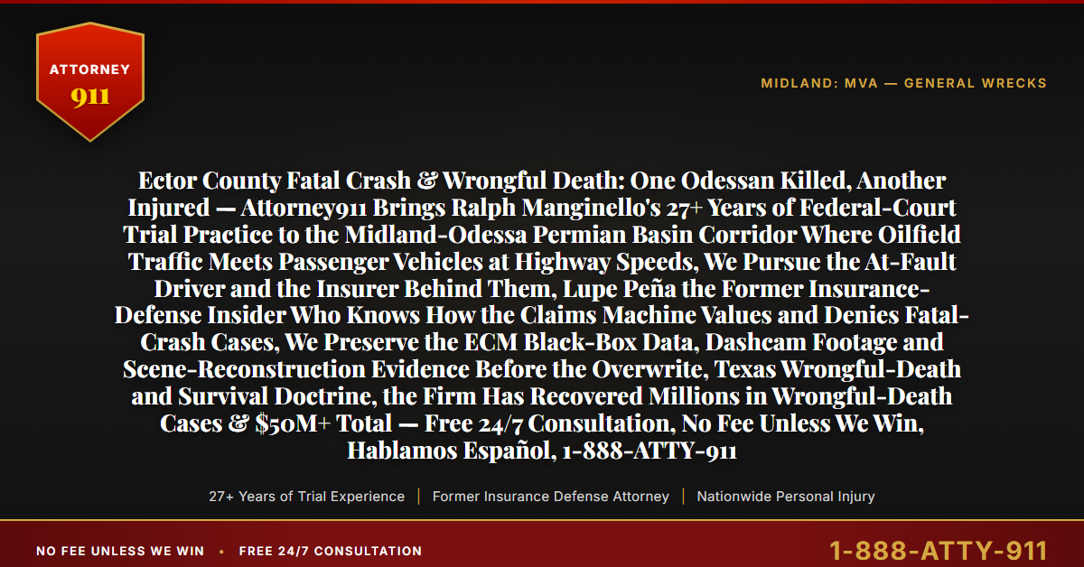 Ector County Fatal Crash & Wrongful Death: One Odessan Killed, Another Injured — Attorney911 Brings Ralph Manginello's 27+ Years of Federal-Court Trial Practice to the Midland-Odessa Permian Basin Corridor Where Oilfield Traffic Meets Passenger Vehicles at Highway Speeds, We Pursue the At-Fault Driver and the Insurer Behind Them, Lupe Peña the Former Insurance-Defense Insider Who Knows How the Claims Machine Values and Denies Fatal-Crash Cases, We Preserve the ECM Black-Box Data, Dashcam Footage and Scene-Reconstruction Evidence Before the Overwrite, Texas Wrongful-Death and Survival Doctrine, the Firm Has Recovered Millions in Wrongful-Death Cases & $50M+ Total — Free 24/7 Consultation, No Fee Unless We Win, Hablamos Español, 1-888-ATTY-911 - Attorney911