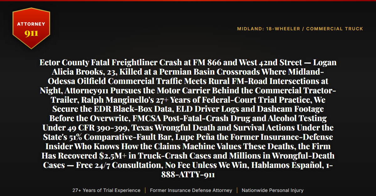 Ector County Fatal Freightliner Crash at FM 866 and West 42nd Street — Logan Alicia Brooks, 23, Killed at a Permian Basin Crossroads Where Midland-Odessa Oilfield Commercial Traffic Meets Rural FM-Road Intersections at Night, Attorney911 Pursues the Motor Carrier Behind the Commercial Tractor-Trailer, Ralph Manginello's 27+ Years of Federal-Court Trial Practice, We Secure the EDR Black-Box Data, ELD Driver Logs and Dashcam Footage Before the Overwrite, FMCSA Post-Fatal-Crash Drug and Alcohol Testing Under 49 CFR 390-399, Texas Wrongful Death and Survival Actions Under the State's 51% Comparative-Fault Bar, Lupe Peña the Former Insurance-Defense Insider Who Knows How the Claims Machine Values These Deaths, the Firm Has Recovered $2.5M+ in Truck-Crash Cases and Millions in Wrongful-Death Cases — Free 24/7 Consultation, No Fee Unless We Win, Hablamos Español, 1-888-ATTY-911 - Attorney911