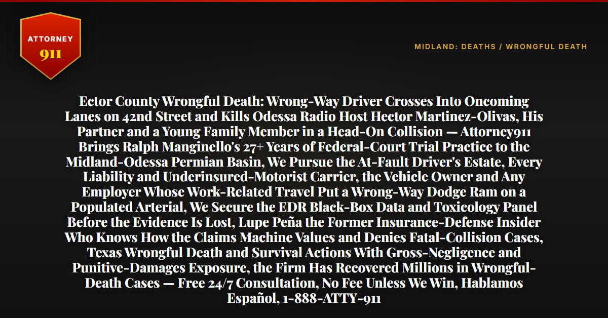 Ector County Wrongful Death: Wrong-Way Driver Crosses Into Oncoming Lanes on 42nd Street and Kills Odessa Radio Host Hector Martinez-Olivas, His Partner and a Young Family Member in a Head-On Collision — Attorney911 Brings Ralph Manginello's 27+ Years of Federal-Court Trial Practice to the Midland-Odessa Permian Basin, We Pursue the At-Fault Driver's Estate, Every Liability and Underinsured-Motorist Carrier, the Vehicle Owner and Any Employer Whose Work-Related Travel Put a Wrong-Way Dodge Ram on a Populated Arterial, We Secure the EDR Black-Box Data and Toxicology Panel Before the Evidence Is Lost, Lupe Peña the Former Insurance-Defense Insider Who Knows How the Claims Machine Values and Denies Fatal-Collision Cases, Texas Wrongful Death and Survival Actions With Gross-Negligence and Punitive-Damages Exposure, the Firm Has Recovered Millions in Wrongful-Death Cases — Free 24/7 Consultation, No Fee Unless We Win, Hablamos Español, 1-888-ATTY-911 - Attorney911