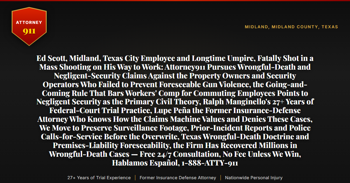 Ed Scott, Midland, Texas City Employee and Longtime Umpire, Fatally Shot in a Mass Shooting on His Way to Work: Attorney911 Pursues Wrongful-Death and Negligent-Security Claims Against the Property Owners and Security Operators Who Failed to Prevent Foreseeable Gun Violence, the Going-and-Coming Rule That Bars Workers' Comp for Commuting Employees Points to Negligent Security as the Primary Civil Theory, Ralph Manginello's 27+ Years of Federal-Court Trial Practice, Lupe Peña the Former Insurance-Defense Attorney Who Knows How the Claims Machine Values and Denies These Cases, We Move to Preserve Surveillance Footage, Prior-Incident Reports and Police Calls-for-Service Before the Overwrite, Texas Wrongful-Death Doctrine and Premises-Liability Foreseeability, the Firm Has Recovered Millions in Wrongful-Death Cases — Free 24/7 Consultation, No Fee Unless We Win, Hablamos Español, 1-888-ATTY-911 - Attorney911